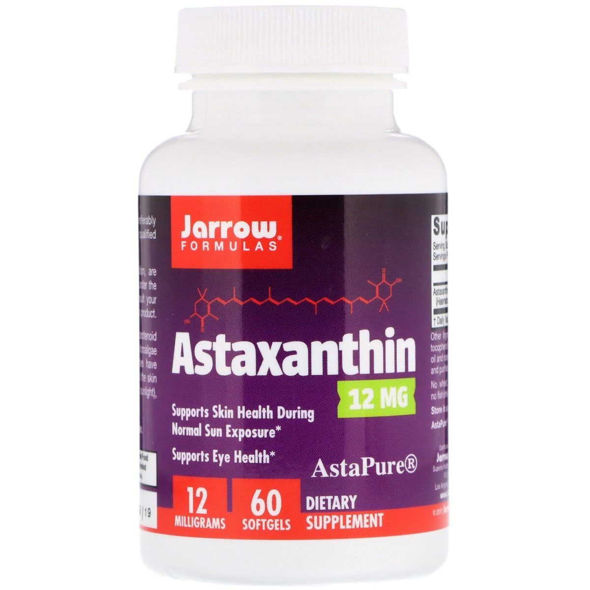 Jarrow Formulas astaxanthin vista frontal del envase mostrando suplemento y marca