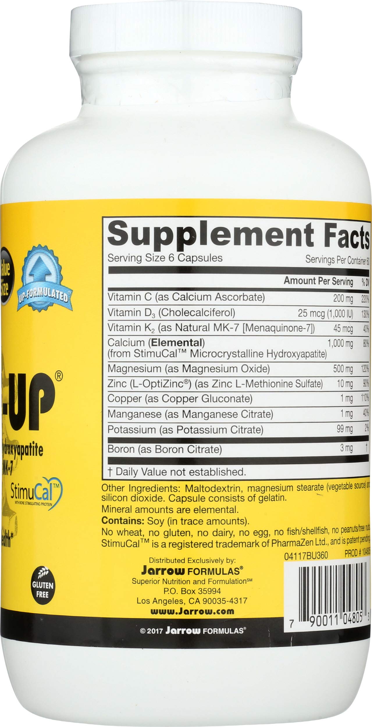 Jarrow Formulas BoneUp etiqueta nutricional e ingredientes, aclarando contenido de D3, K2 y calcio