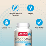Comparación de tamaño Jarrow Formulas BroccoMax junto a monedas para referencia de escala