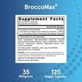 Primer plano de la etiqueta Jarrow Formulas BroccoMax con información nutricional clara