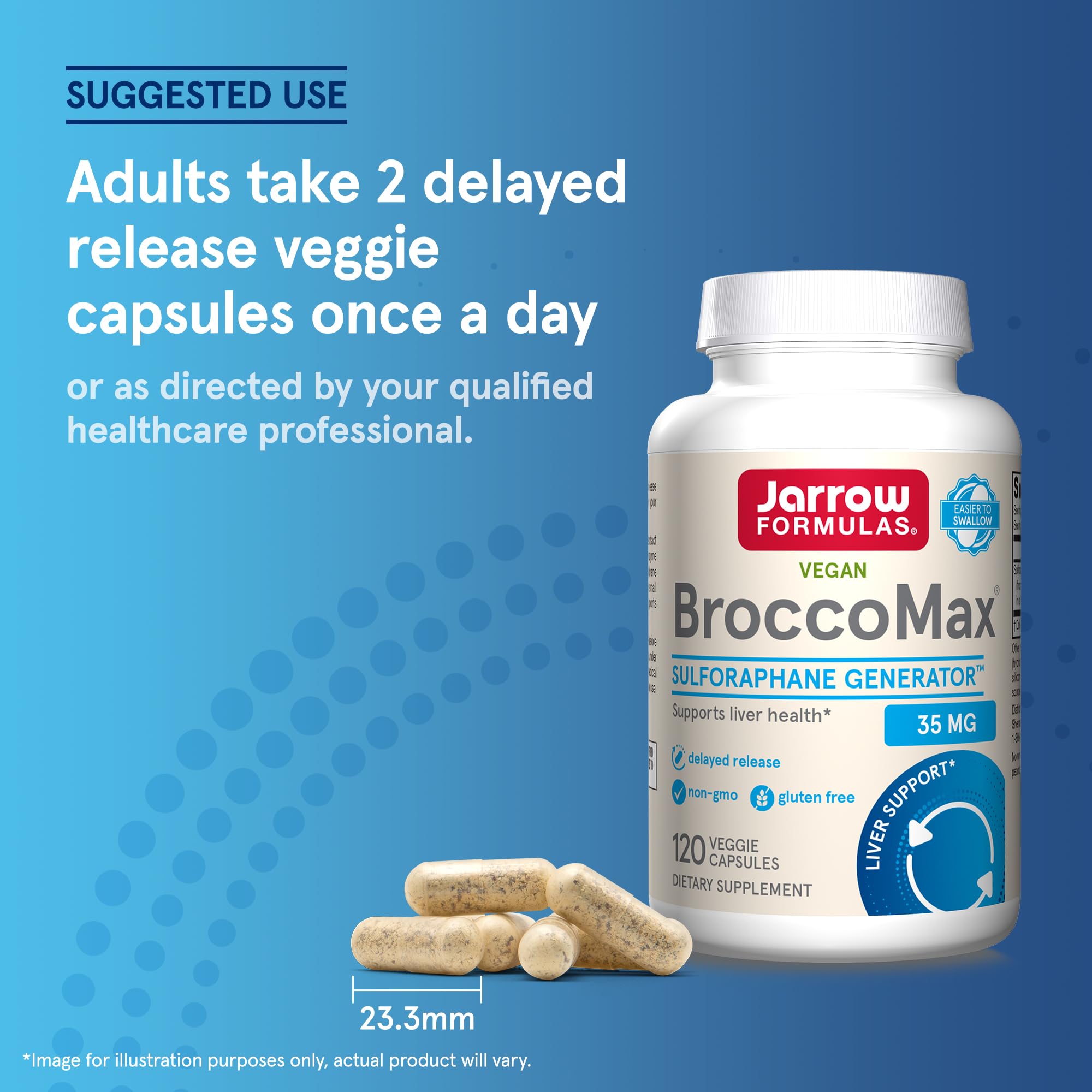 Extracto de semillas de brócoli junto a frasco Jarrow Formulas BroccoMax mostrando origen botánico