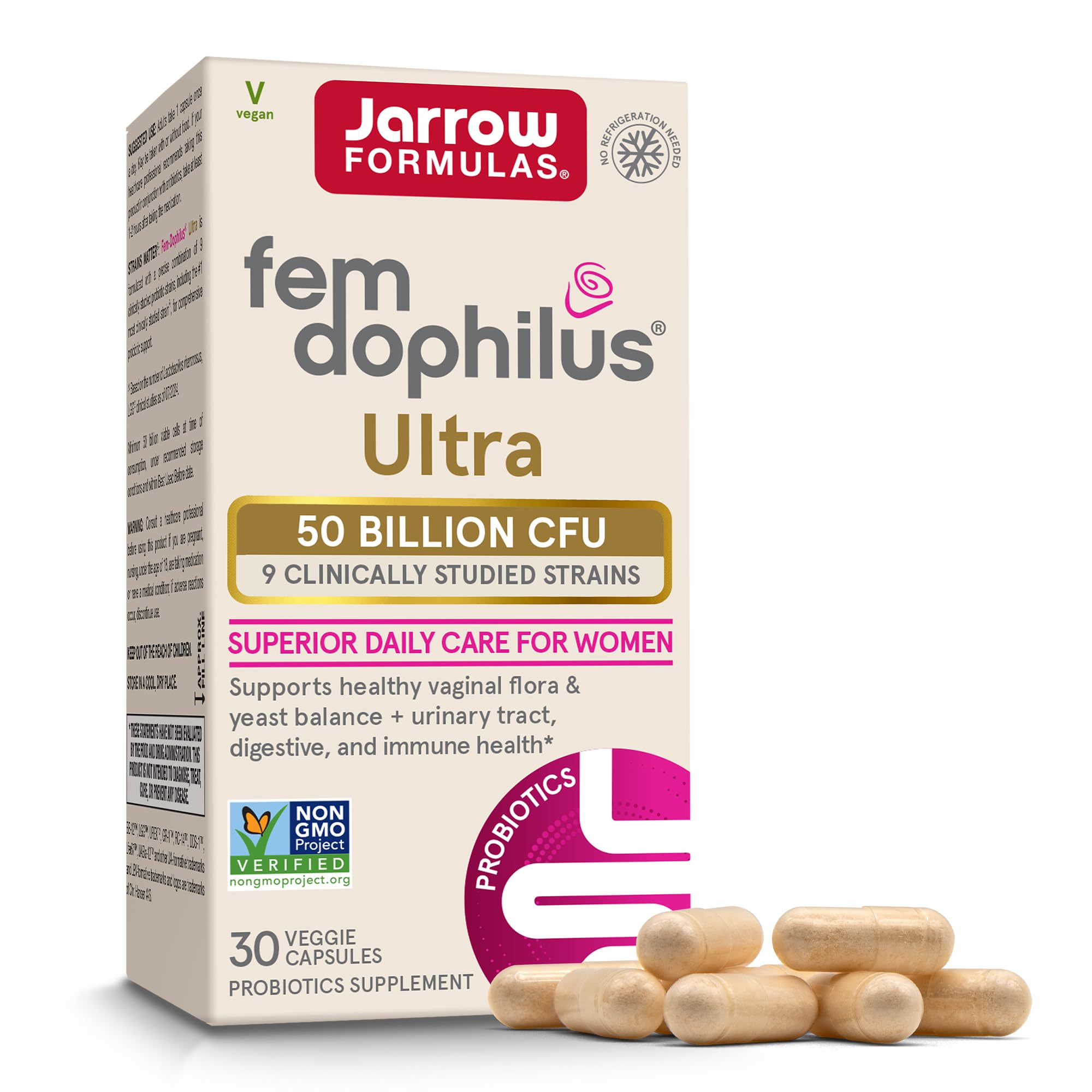 Jarrow Formulas empaque frontal mostrando probiótico femenino, visibilidad de uso diario