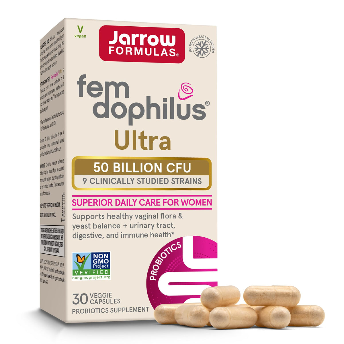 Jarrow Formulas empaque frontal mostrando probiótico femenino, visibilidad de uso diario
