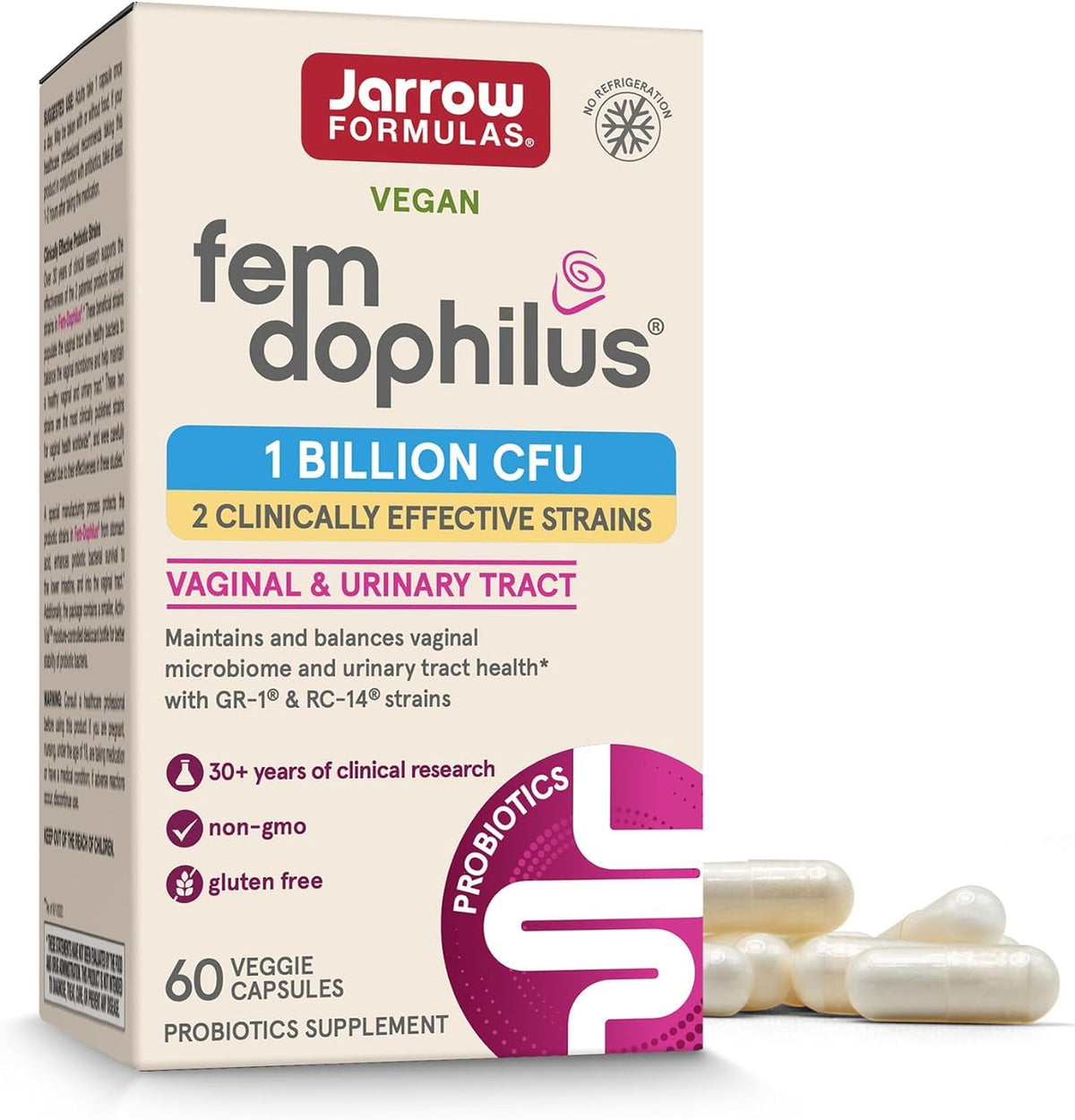 Jarrow Formulas Fem-Dophilus frente mostrando envase y beneficios femeninos