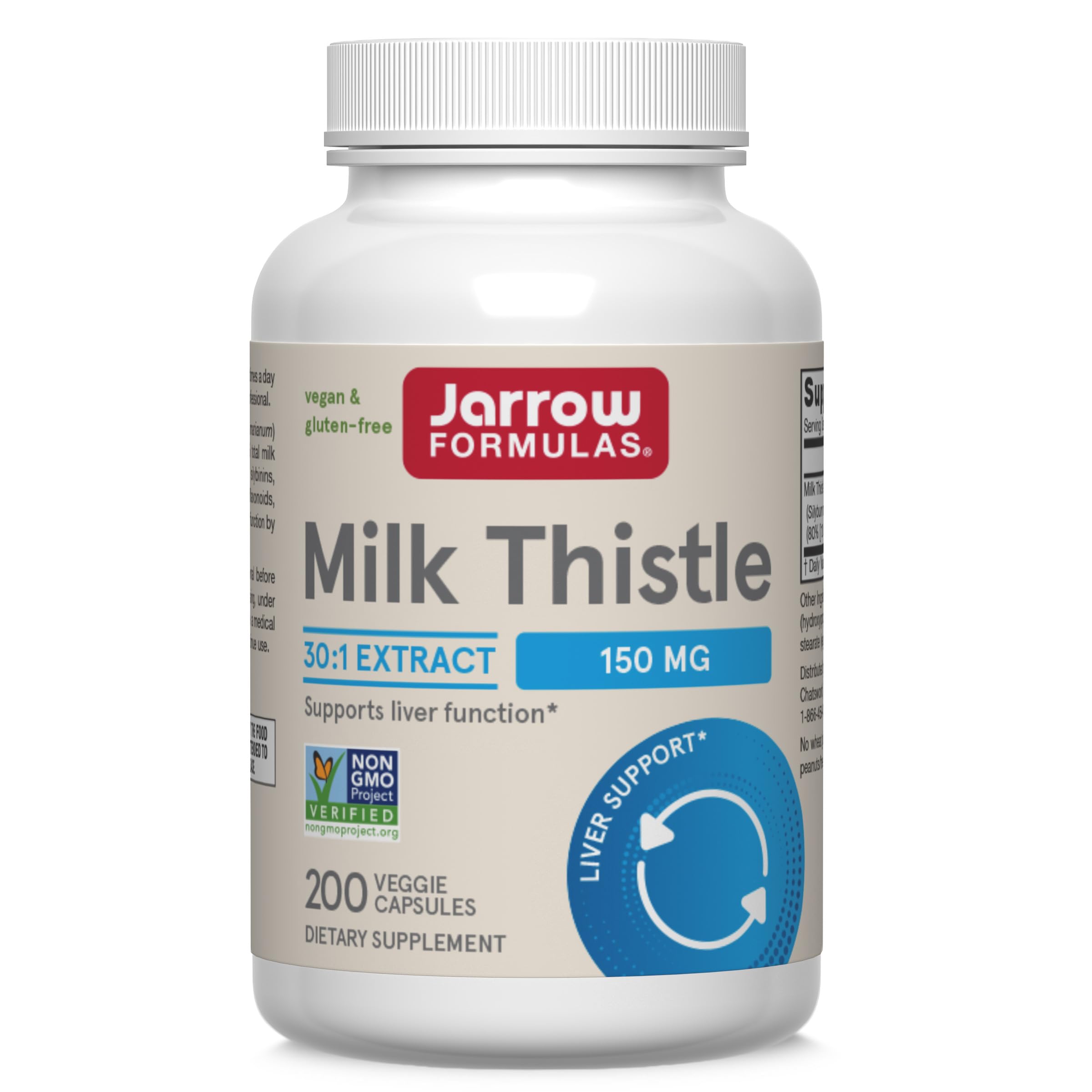 Jarrow Formulas frasco frontis mostrando etiqueta clara y cantidad 200 cápsulas, fácil identificación
