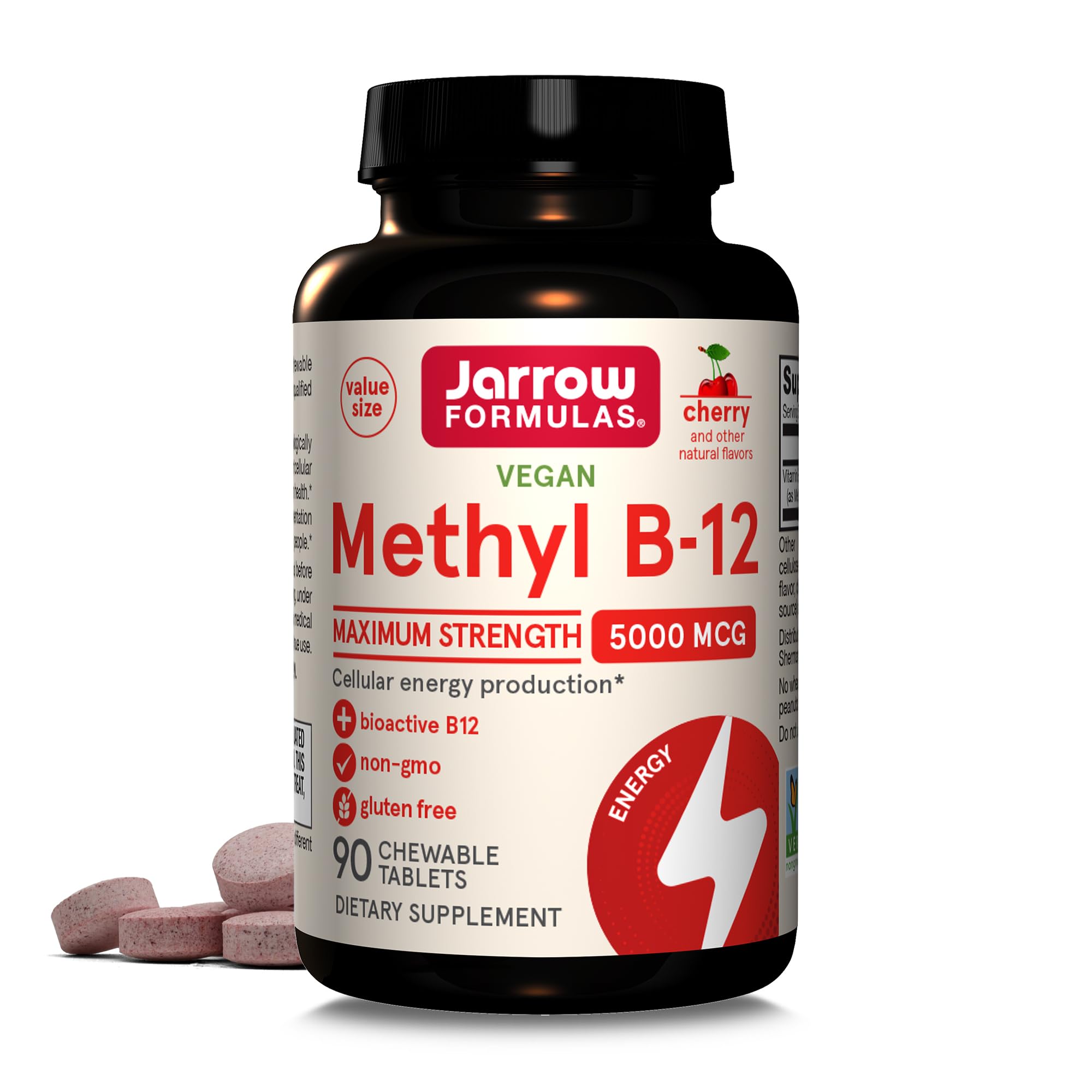 Jarrow Formulas frente del envase que muestra 90 tabletas masticables y beneficios