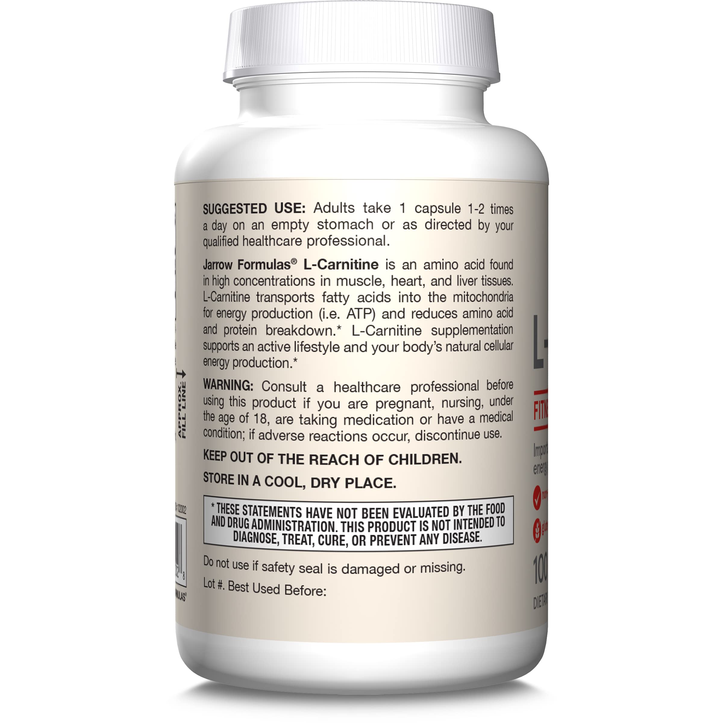 Jarrow Formulas información nutricional en primer plano, lectura fácil de la dosificación