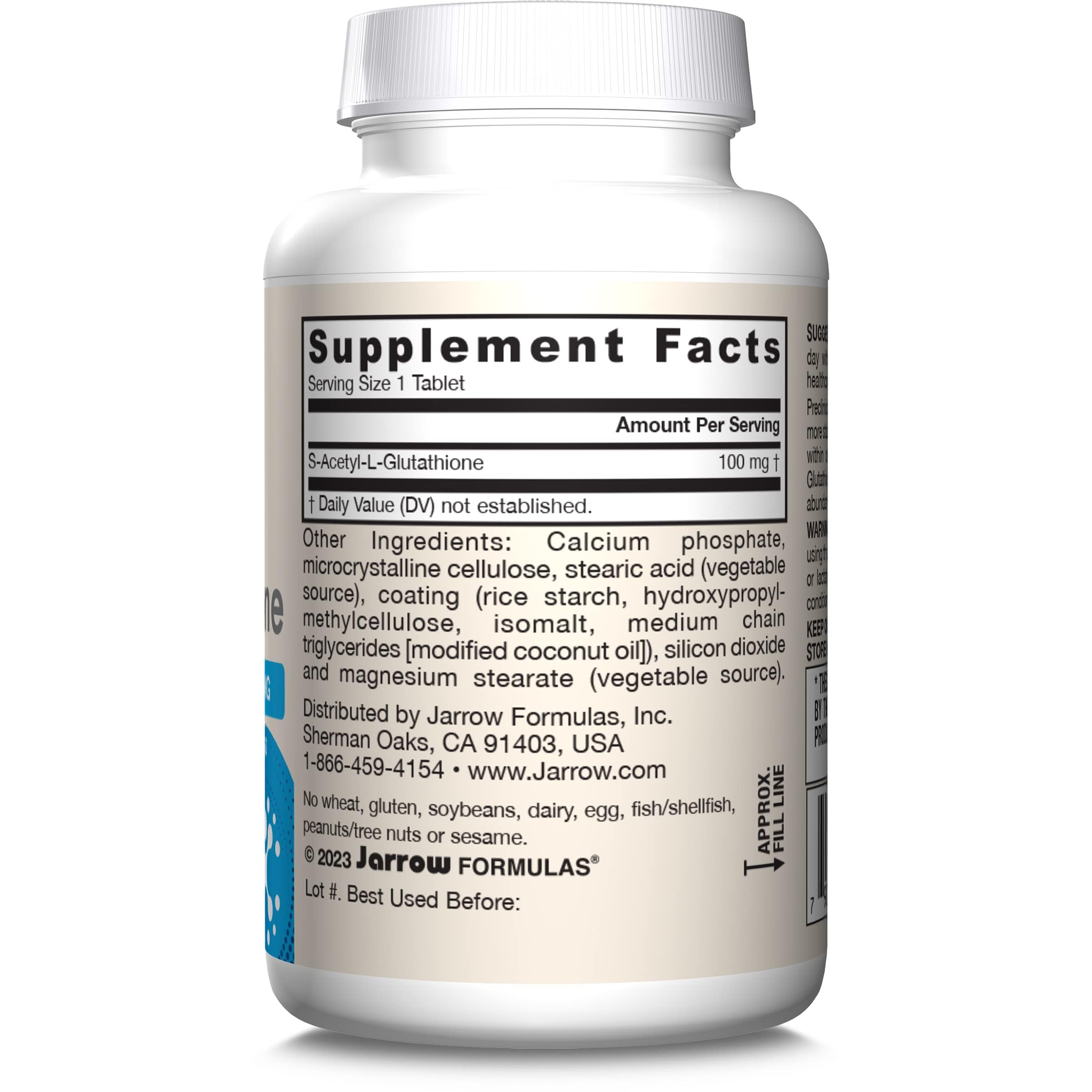 Jarrow Formulas cápsula destacando 100 mg de S-acetyl L-glutathione por porción
