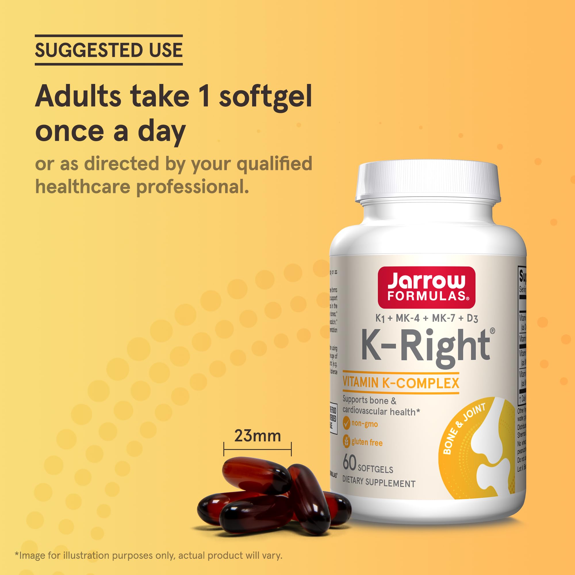Jarrow Formulas K-Right comparación de tamaño con objeto cotidiano