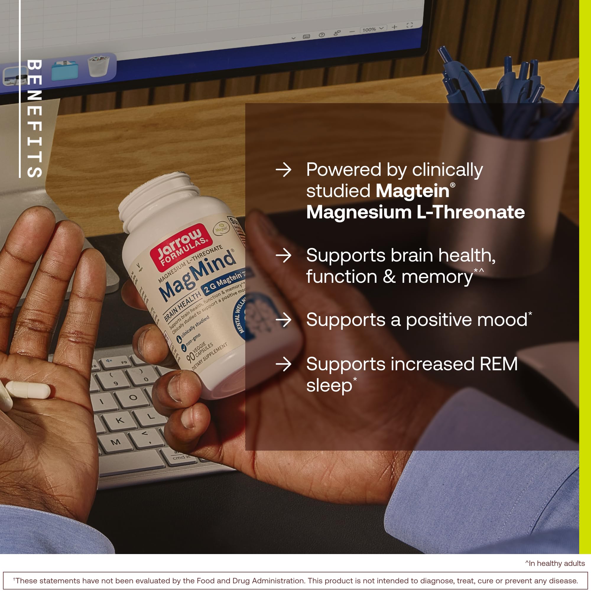 Jarrow Formulas MagMind cápsulas en mano para visualizar la dosis diaria