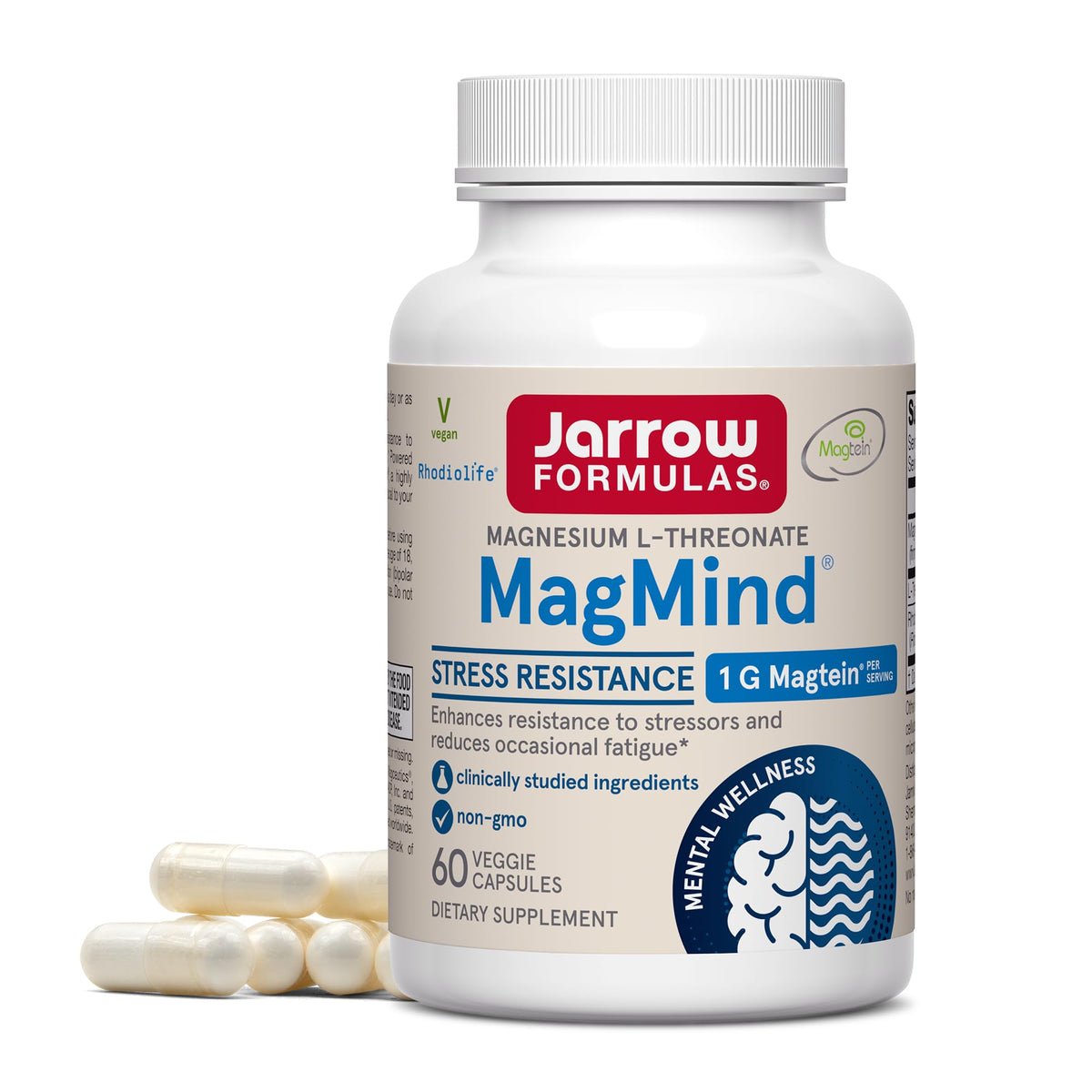 Jarrow Formulas MagMind frente del frasco mostrando la etiqueta y beneficios