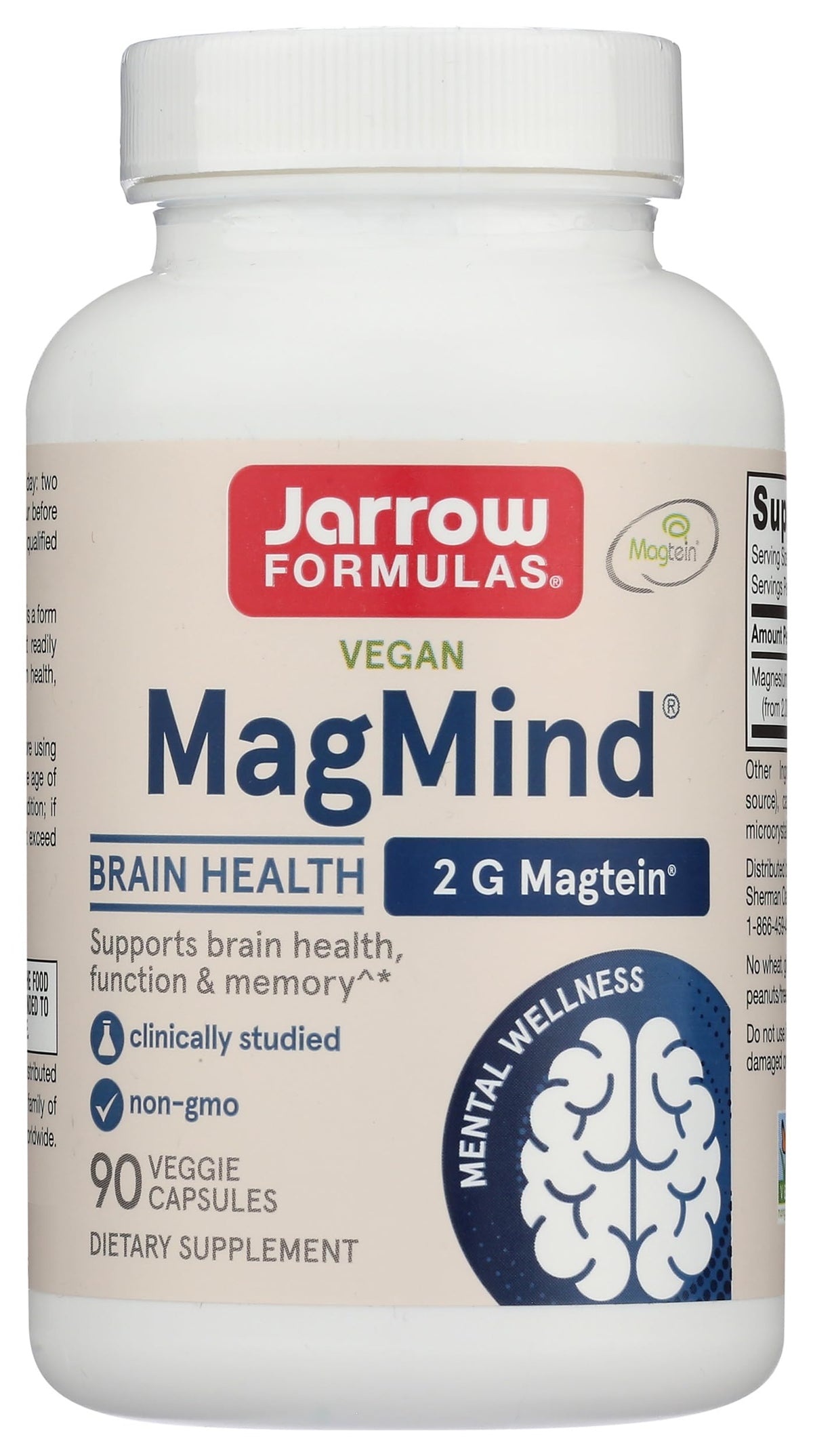 Jarrow Formulas MagMind vista frontal del envase mostrando cápsulas y beneficios cerebrales
