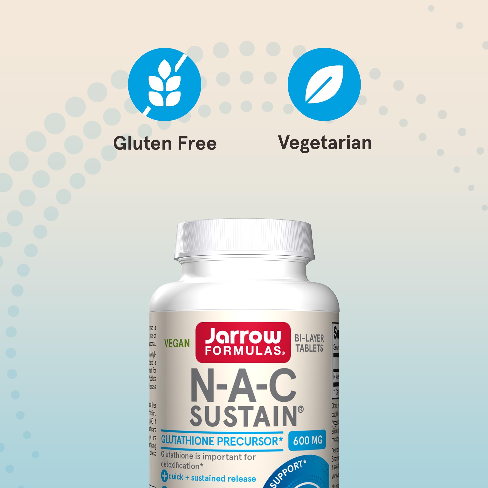 Etiqueta de Jarrow Formulas NAC con ingredientes y beneficios de transparencia