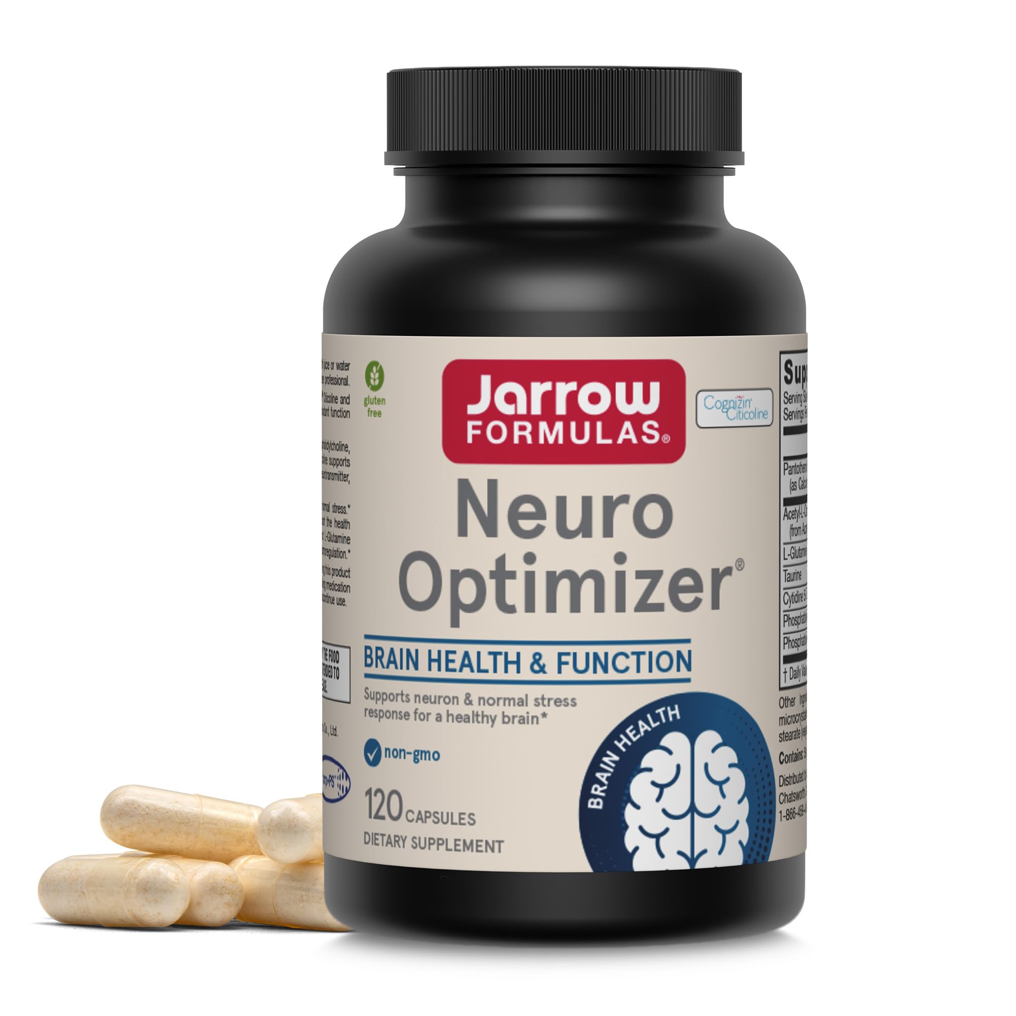Jarrow Formulas frasco frontal mostrando etiqueta y beneficio de apoyo cerebral