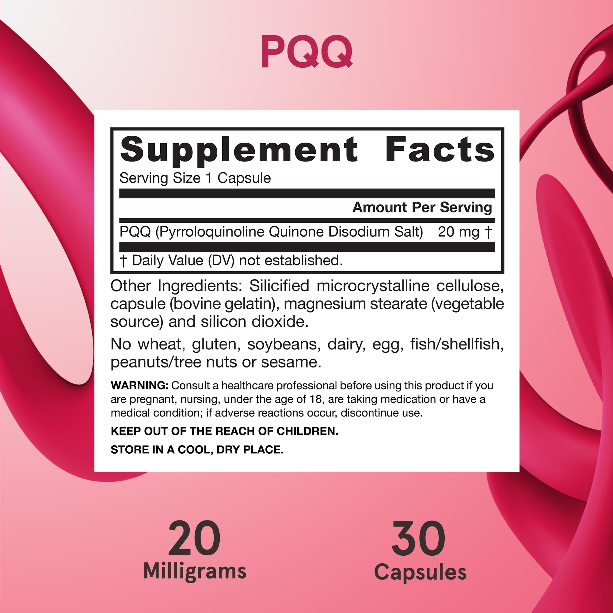 Etiqueta de Jarrow Formulas PQQ destacando ingredientes y ausencia de alérgenos