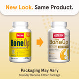 Jarrow Formulas tabletas Ultra BoneUp primer plano que muestra forma y acabado