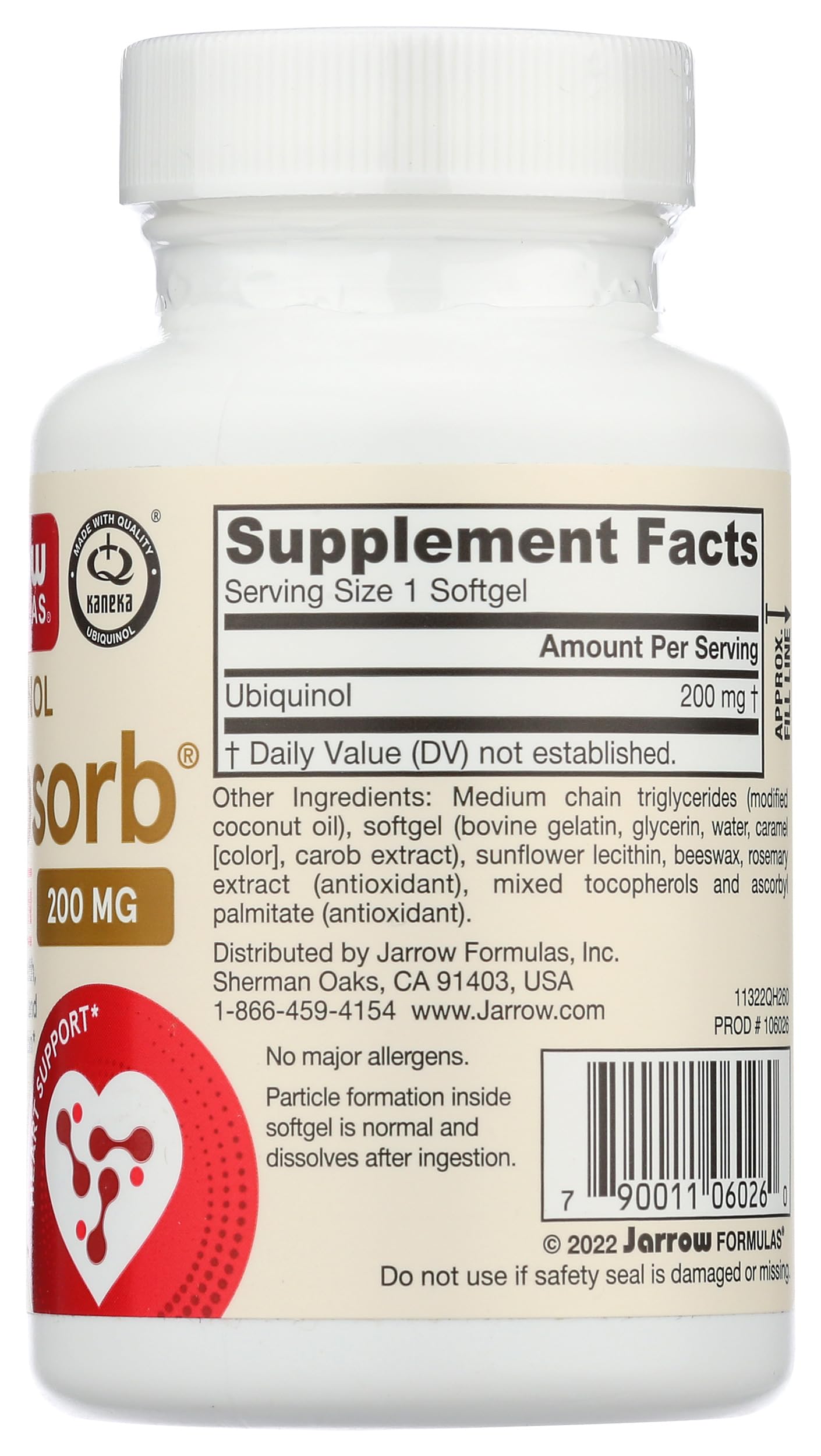 Jarrow Formulas etiqueta con información nutrimental y sistema Q-Absorb