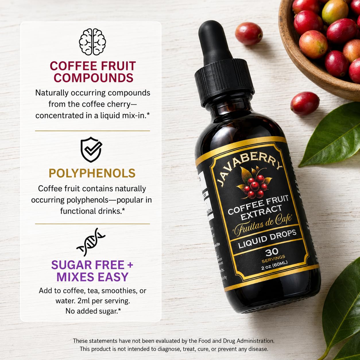 Etiqueta Javaberry enfocada en ingredientes y beneficio sin azúcares
