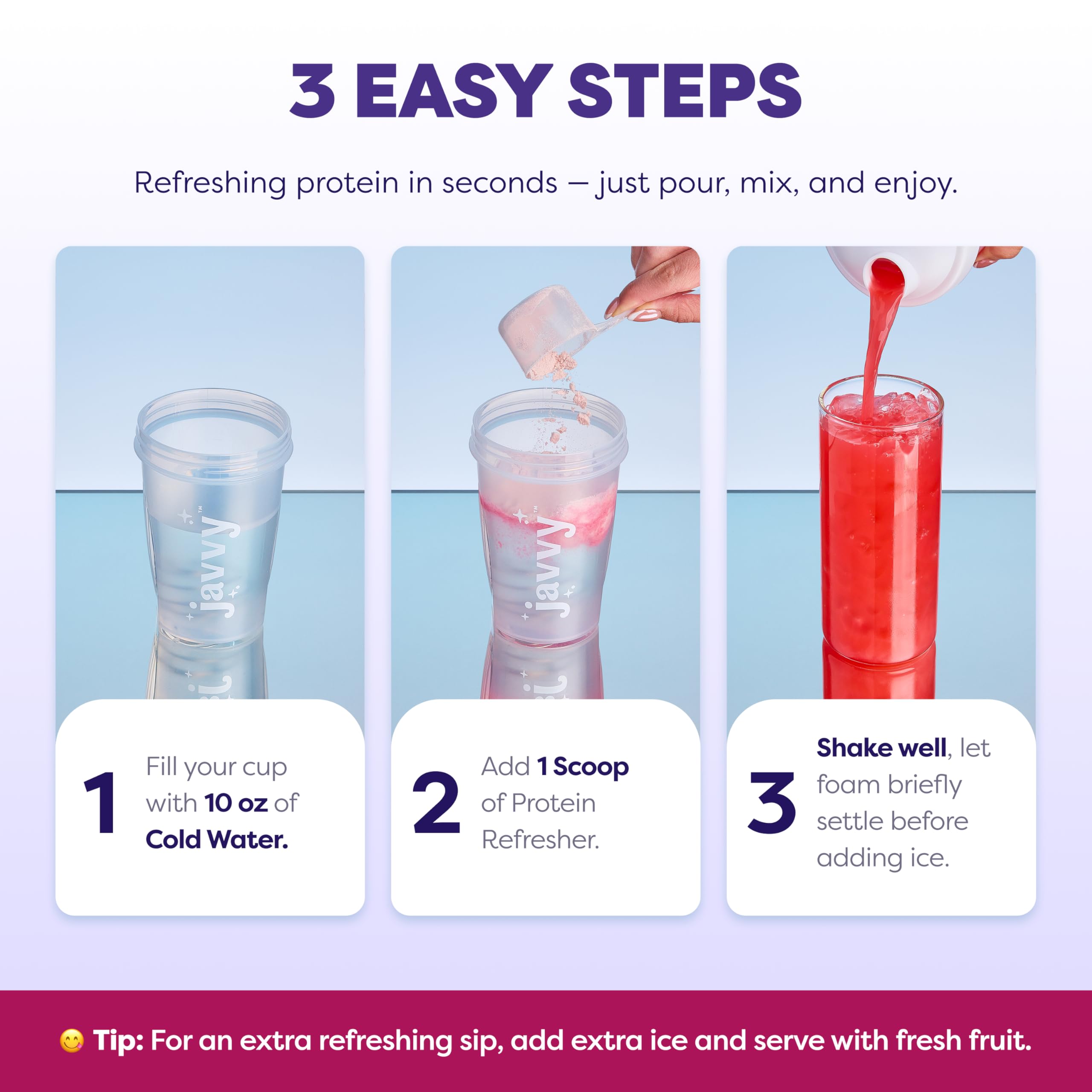 Javvy bebida clara en vaso, hidratación con proteína y electrolitos