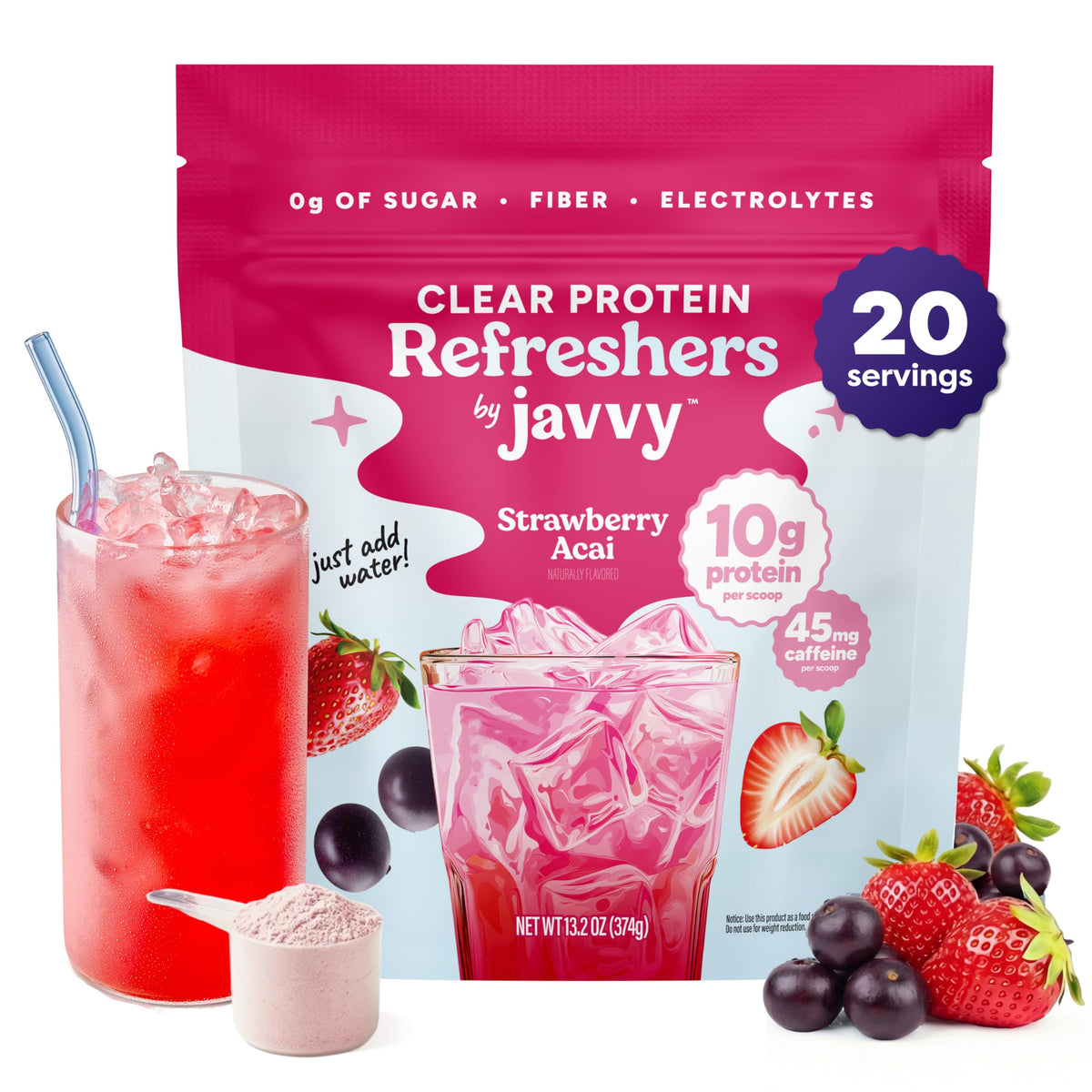 Javvy empaque frontal mostrando sabor Strawberry Berry Acai y beneficios