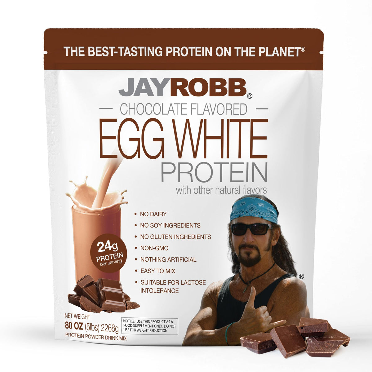 Envase frontal JAYROBB chocolate 5 lb mostrando marca y tamaño, ideal para suministro prolongado