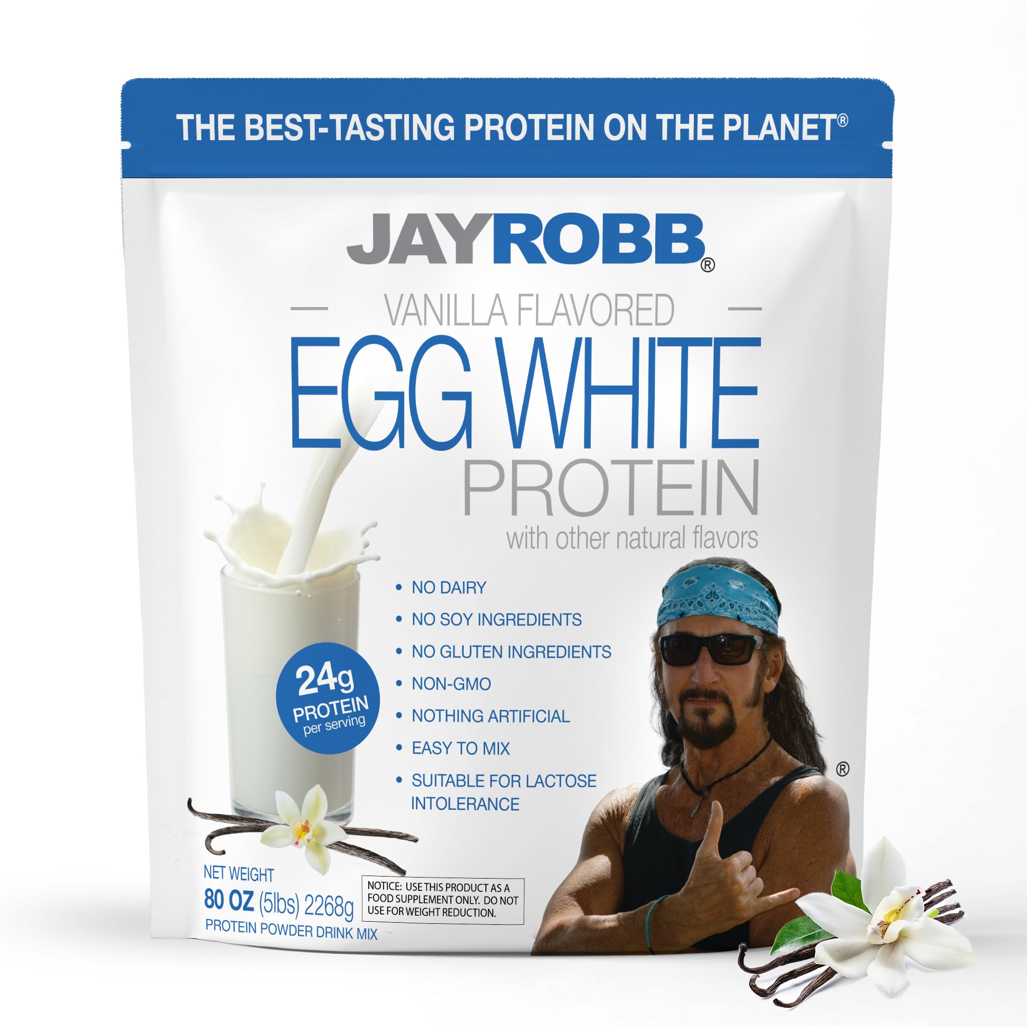 JAYROBB envase frontal de Vanilla Egg White Protein mostrando tamaño y marca