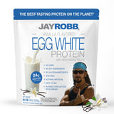 JAYROBB envase frontal de Vanilla Egg White Protein mostrando tamaño y marca