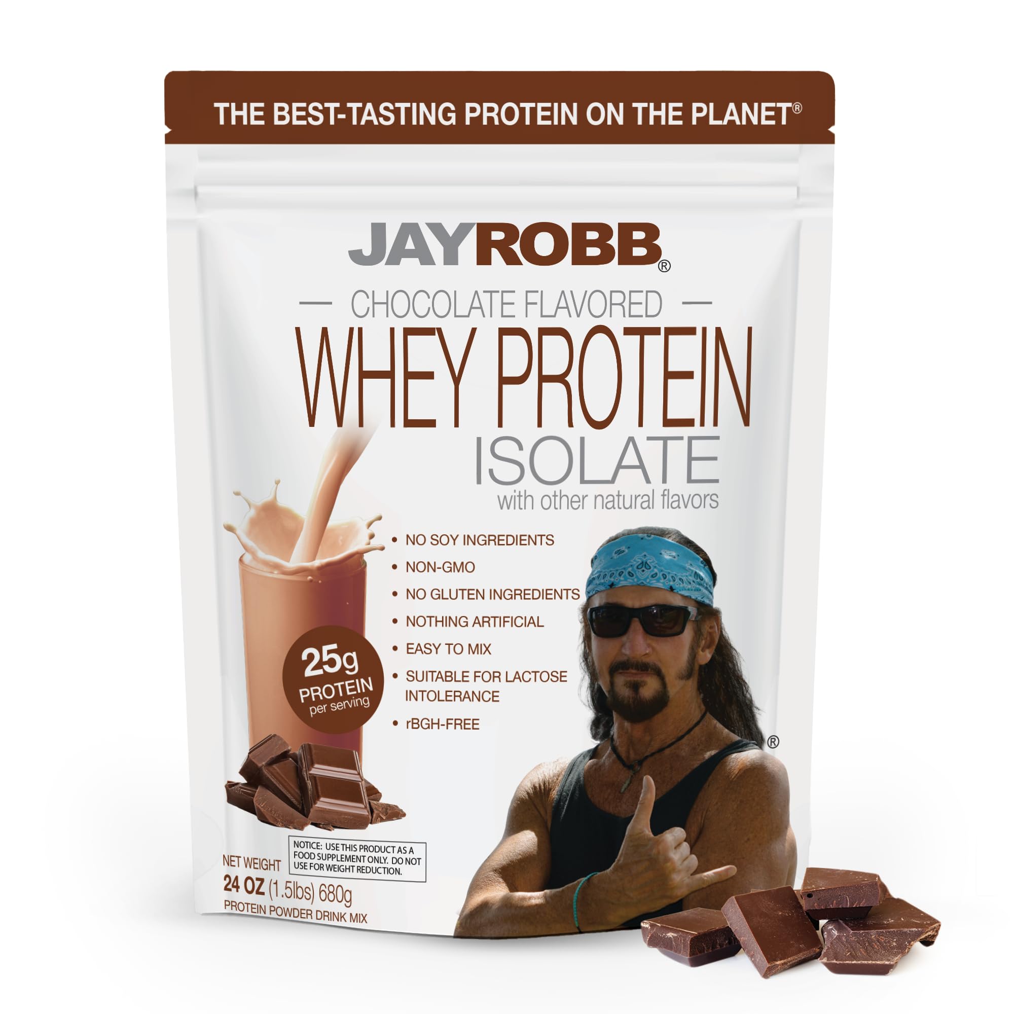 JAYROBB frente del empaque de 24 oz mostrando sabor chocolate y beneficios