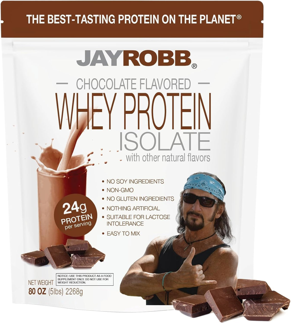 JAYROBB bote frontal mostrando 5 libras y beneficio de alta proteína