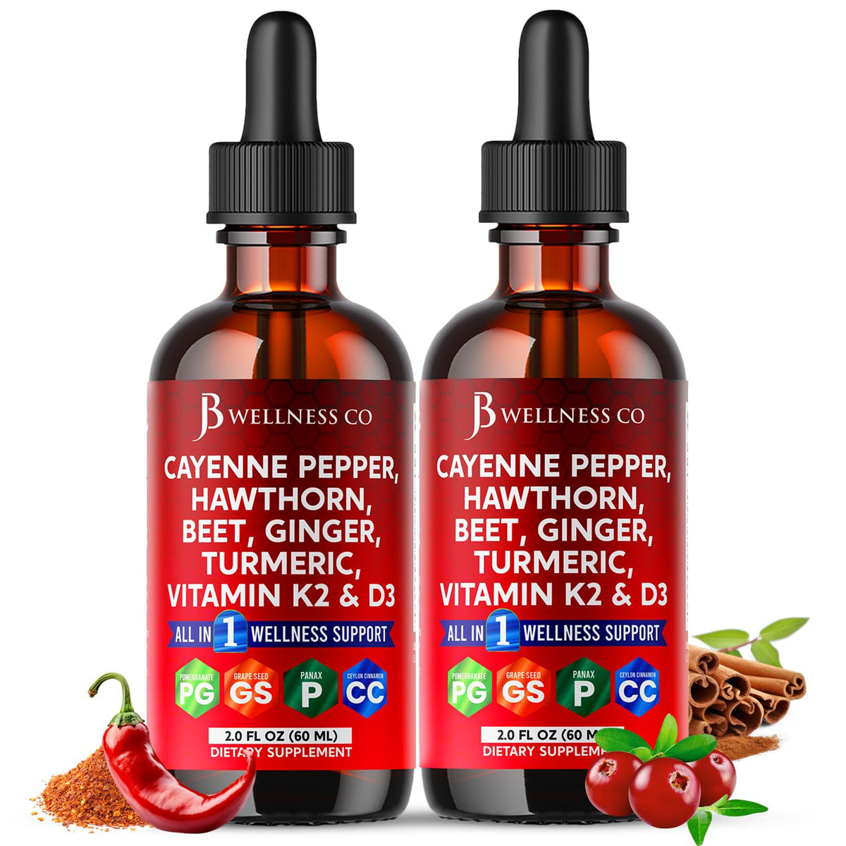 JB Wellness Co frasco frontal mostrando etiqueta y tamaño práctico
