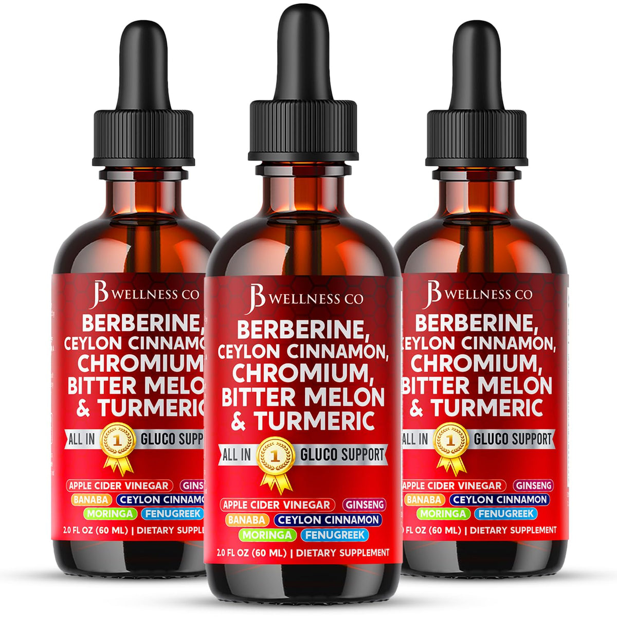 JB Wellness Co frasco frontal que muestra berberina y canela, presentación clara