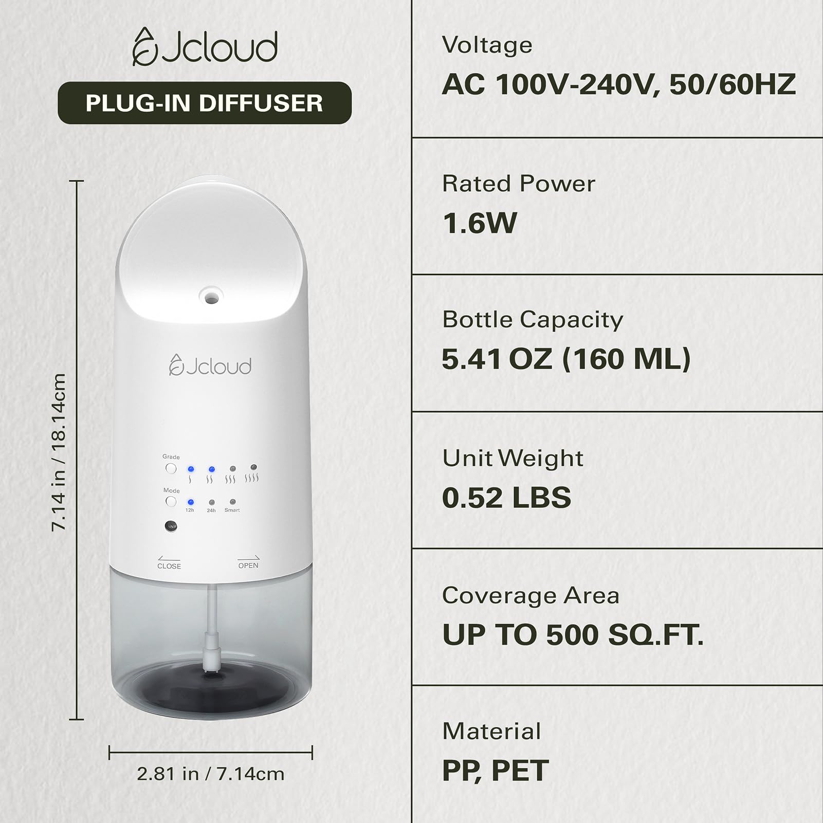 JCLOUD difusor con botellas de aceite (no incluidas) sugiriendo opciones aromáticas
