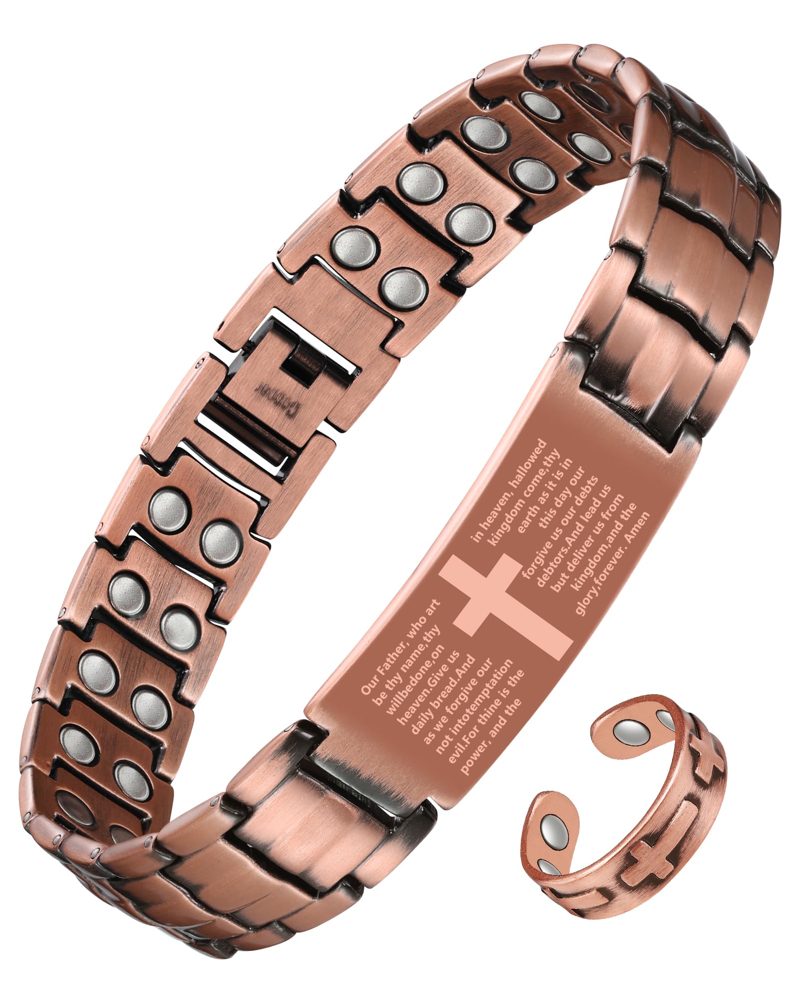 Jecanori pulsera cruz cobre frontal mostrando diseño masculino y ajuste elegante