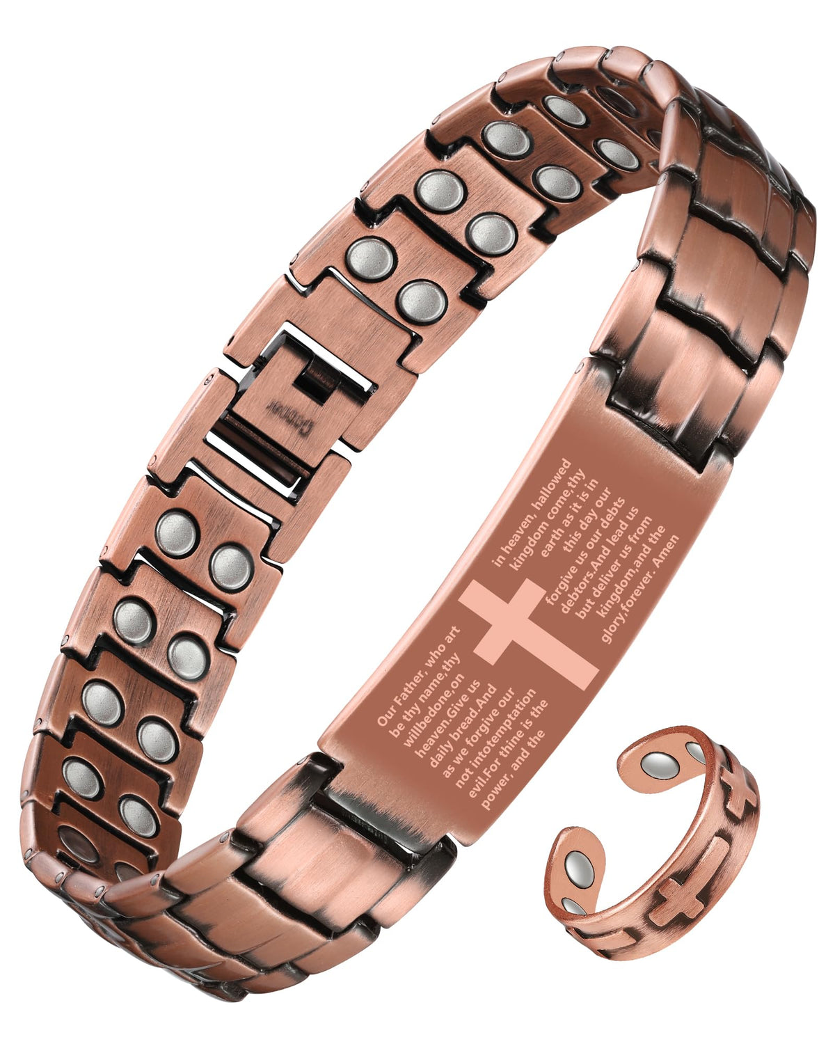 Jecanori pulsera cruz cobre frontal mostrando diseño masculino y ajuste elegante