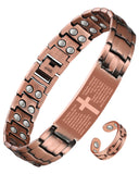 Jecanori pulsera cruz cobre frontal mostrando diseño masculino y ajuste elegante
