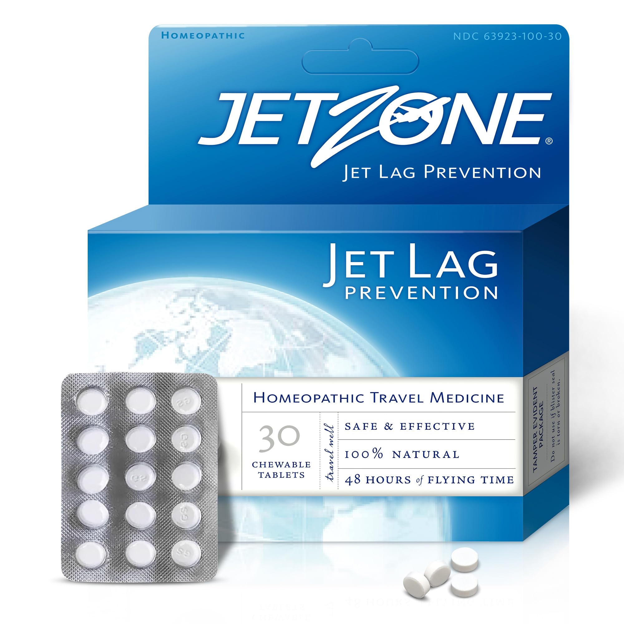 JetZone envase frontal mostrando el diseño y cantidad, práctico para viajes