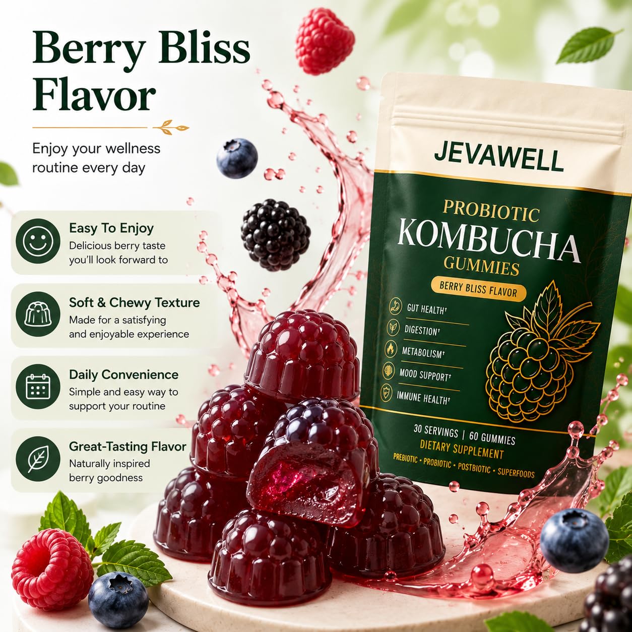 jevawell gomita junto a una manzana, ilustra sabor kombucha natural