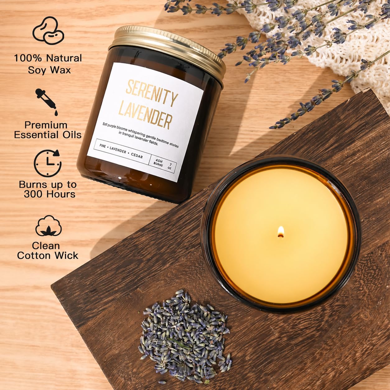Vela Serenity Lavender JGXLQ encendida creando ambiente relajante
