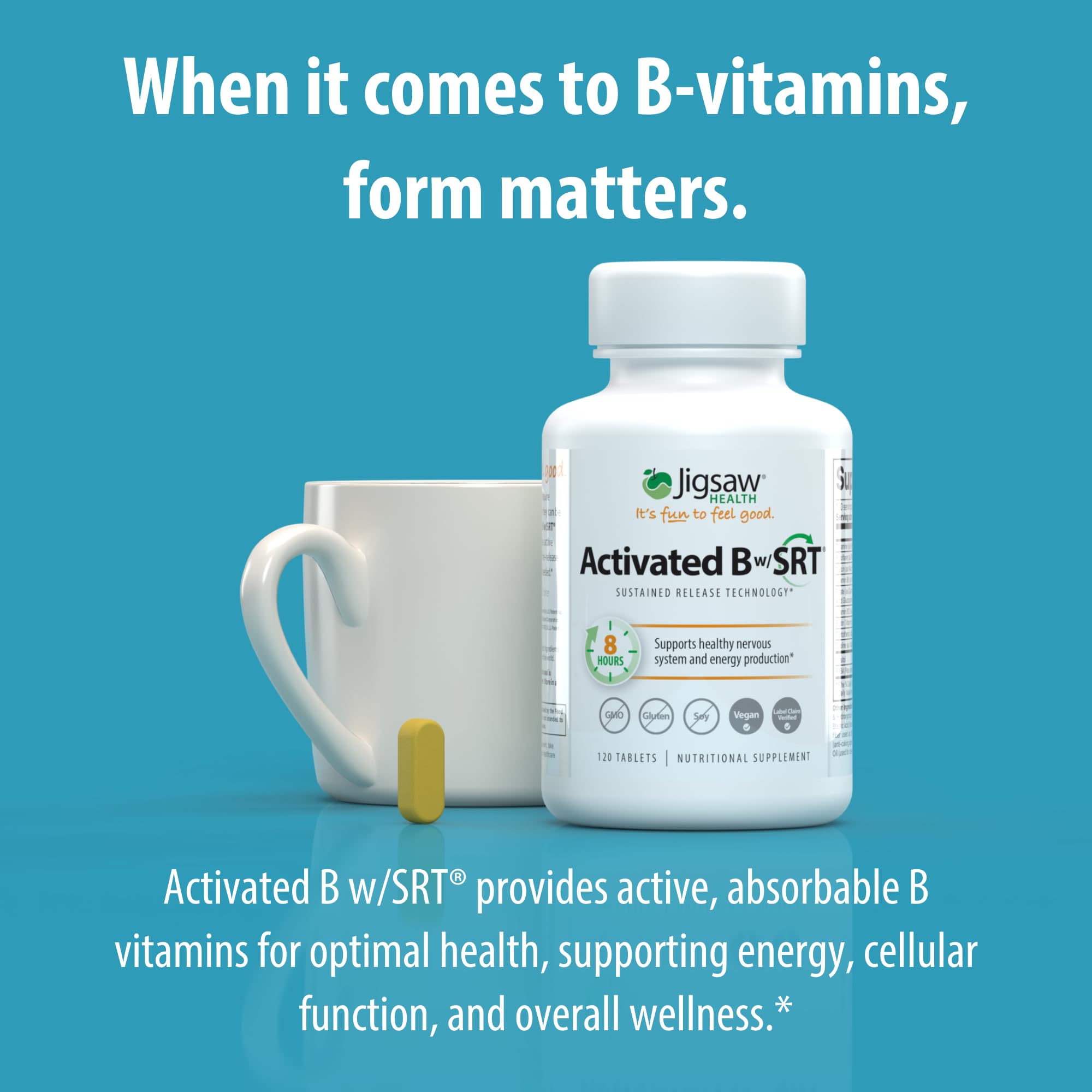 Etiqueta nutricional de Jigsaw Health Activated B que destaca vitaminas B activas