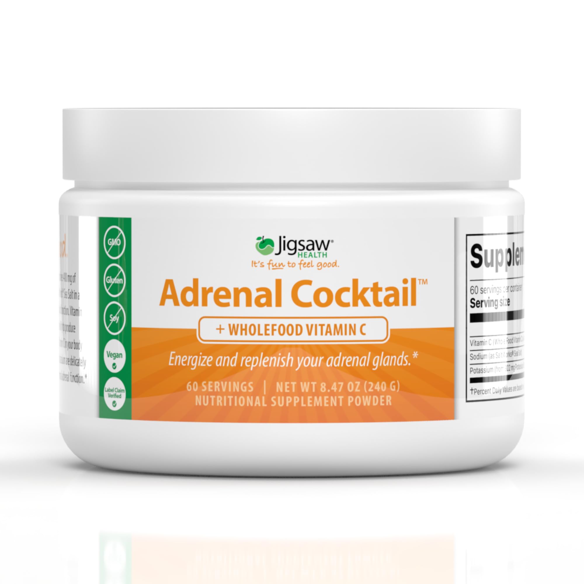 Envase Jigsaw Health Adrenal Cocktail mostrando diseño y porciones, ayuda a planificar consumo