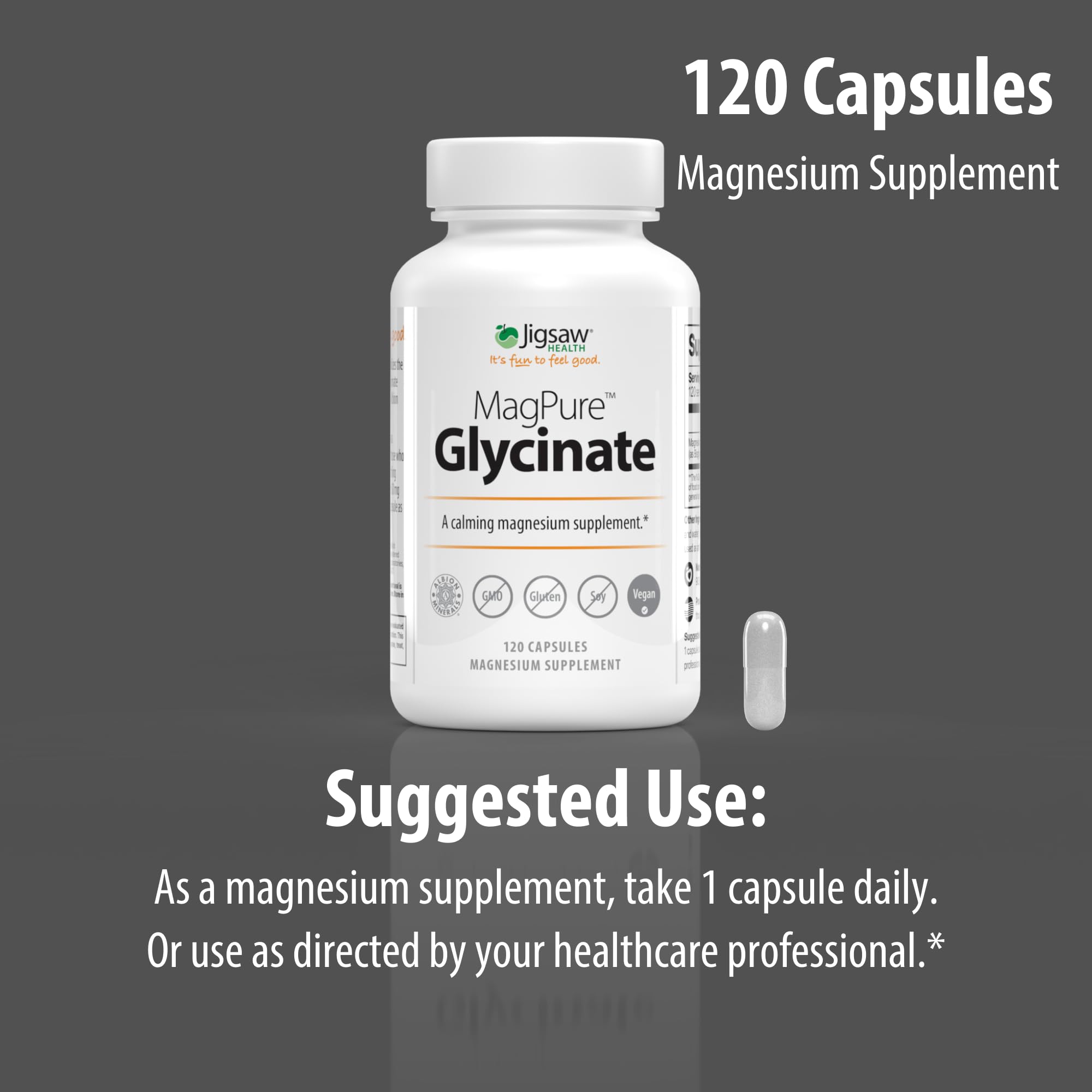 Jigsaw Health caja abierta con botella y cápsulas indicando preparación para 120 servicios