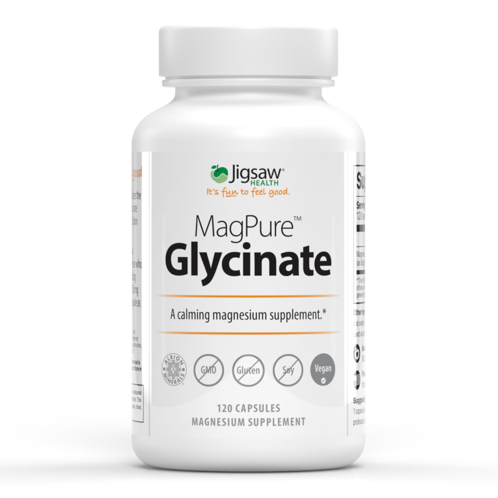 Jigsaw Health envase frontal de MagPure Glycinate mostrando la presentación y beneficio de pureza