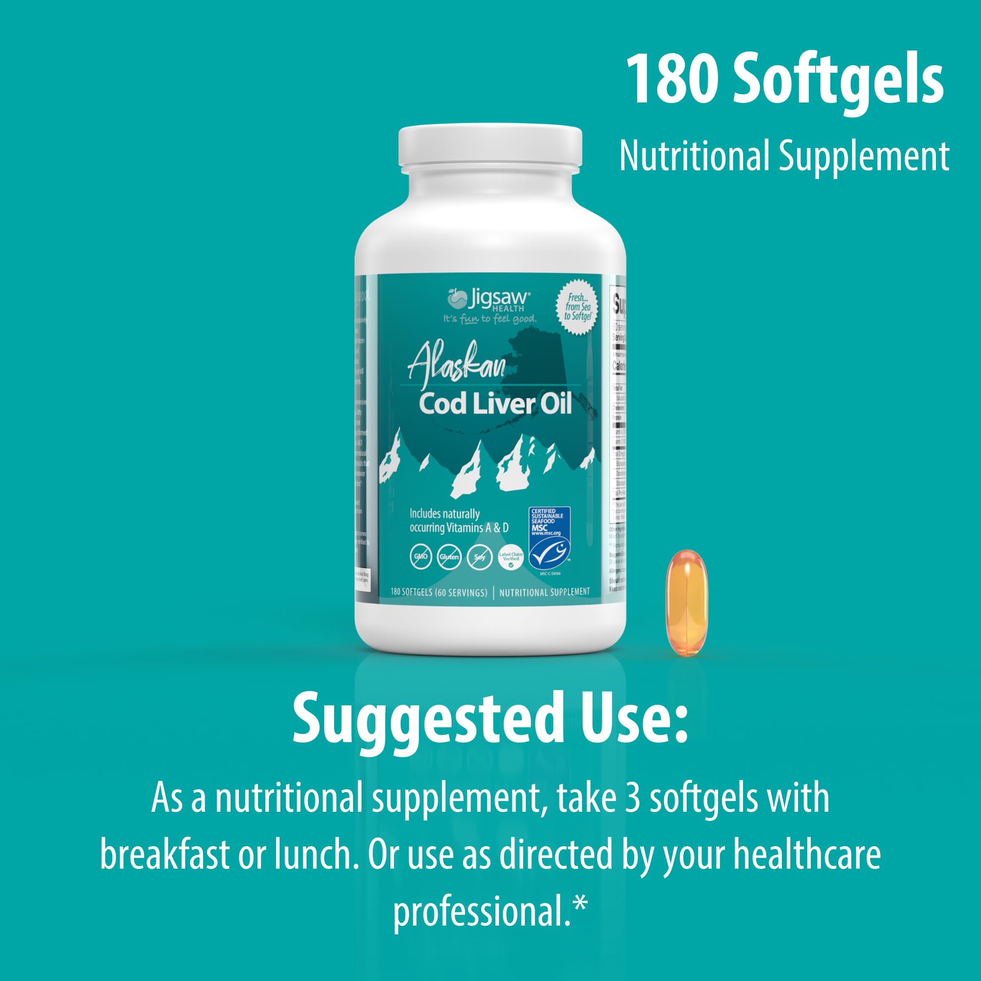 Jigsaw Health dosificación y cápsulas junto a la botella para uso práctico