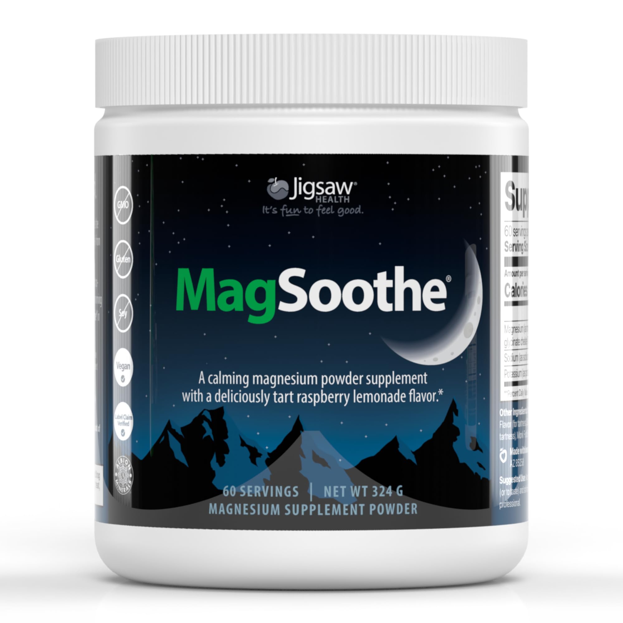 Jigsaw Health tarro frontal mostrando MagSoothe, brinda calma y conveniencia