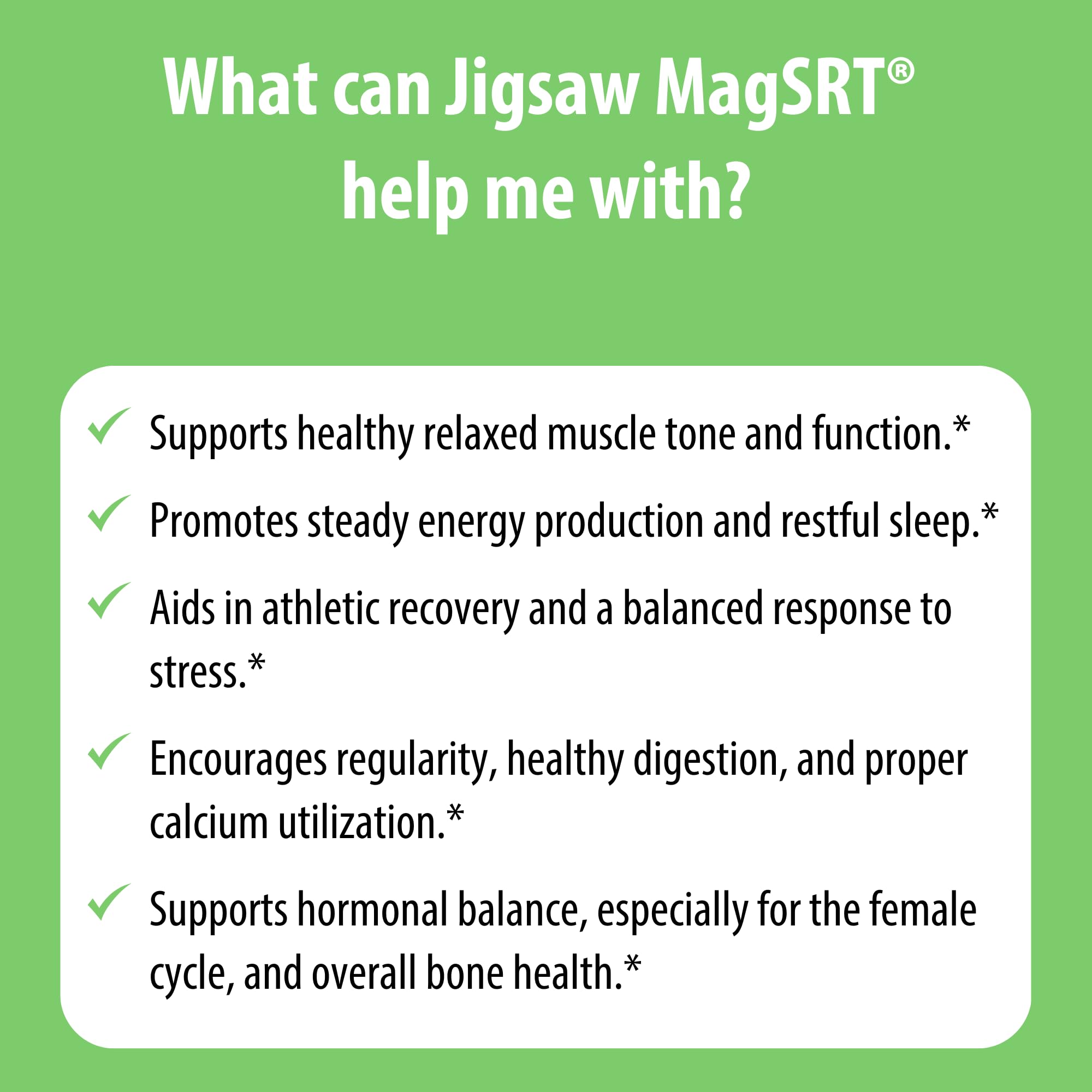 Envase abierto de Jigsaw Health MagSRT con tabletas alineadas en fondo claro