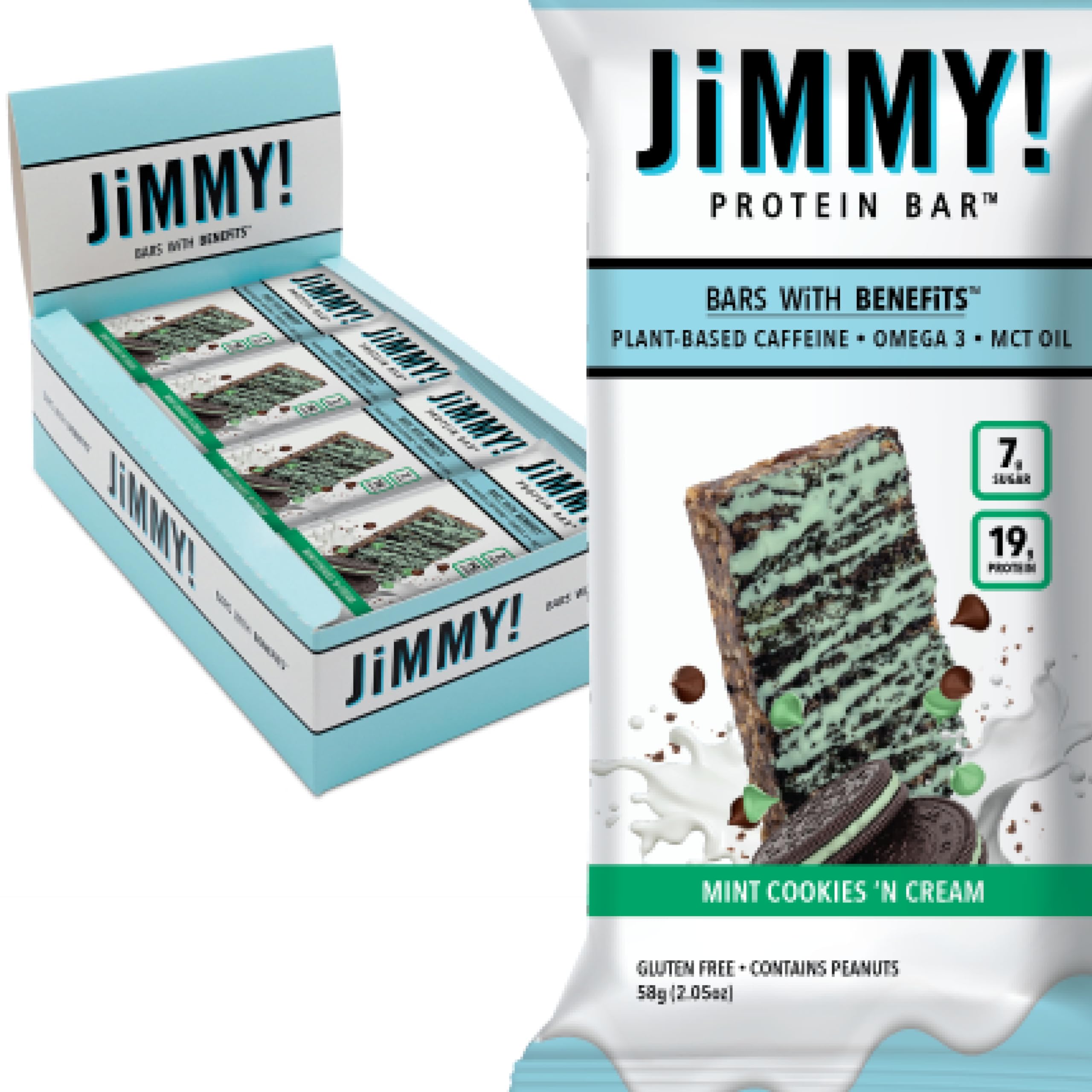 JIMMYBAR frente del empaque mint cookies n cream mostrando información clave y conveniencia