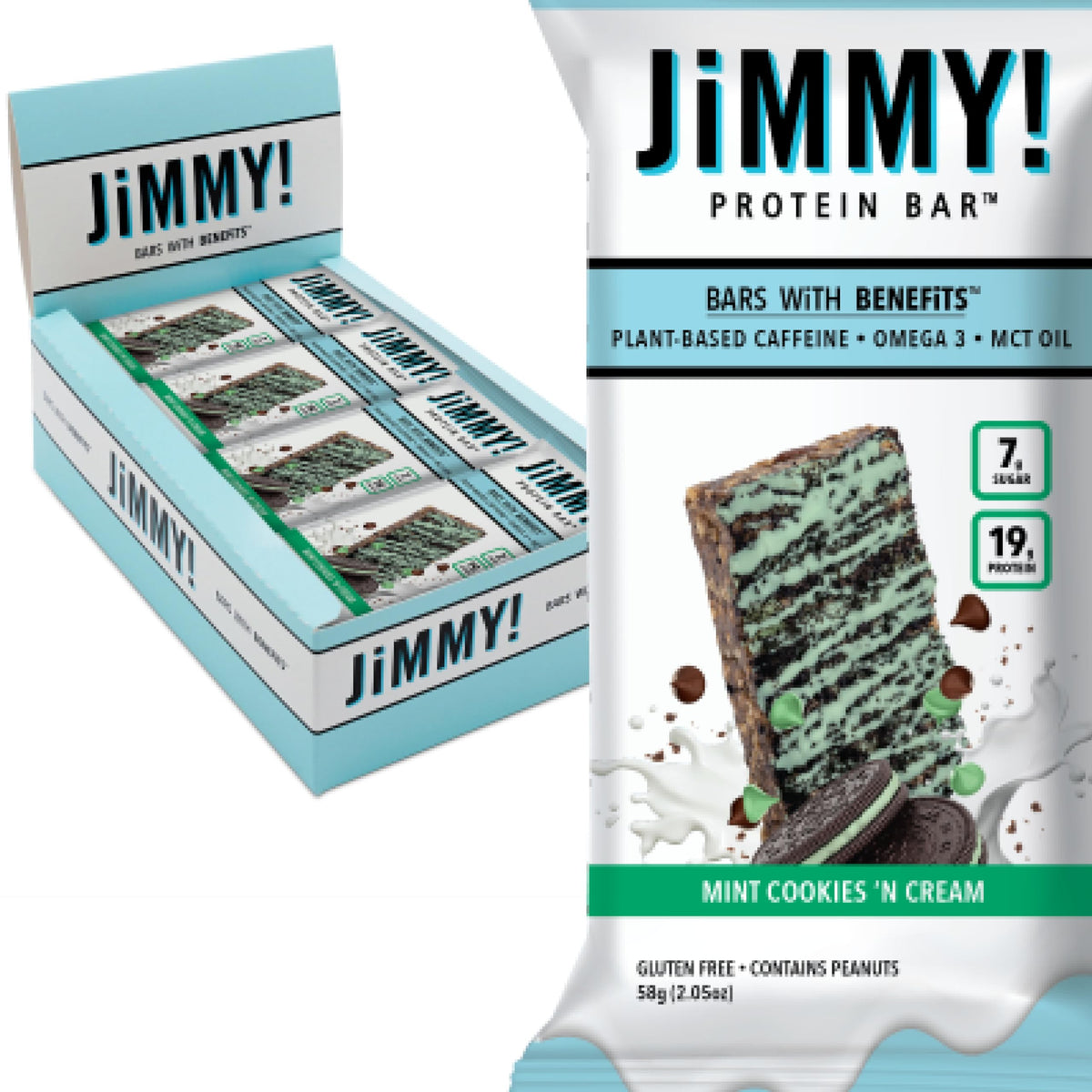 JIMMYBAR frente del empaque mint cookies n cream mostrando información clave y conveniencia