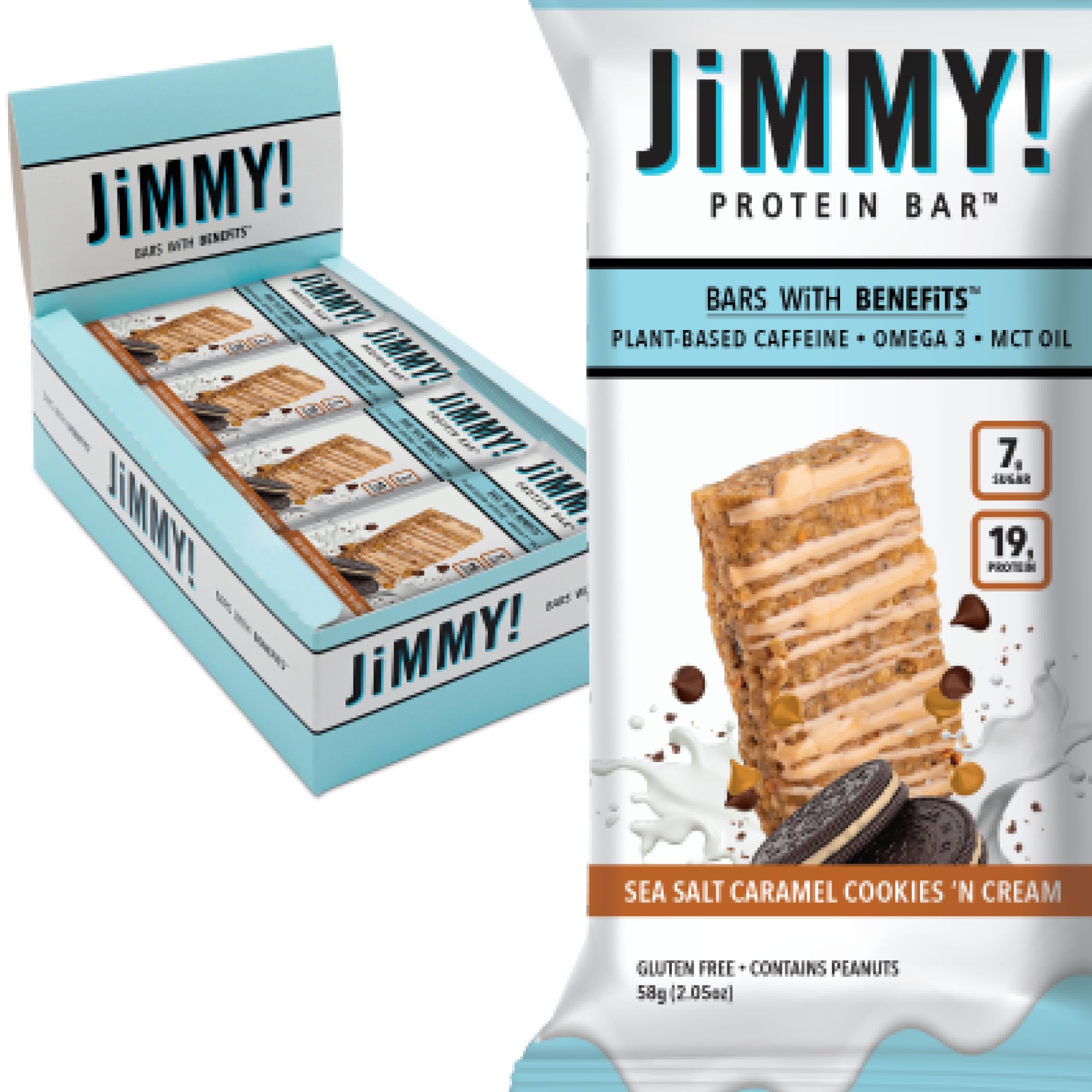 JIMMYBAR empaque frontal mostrando proteína y bajo azúcar