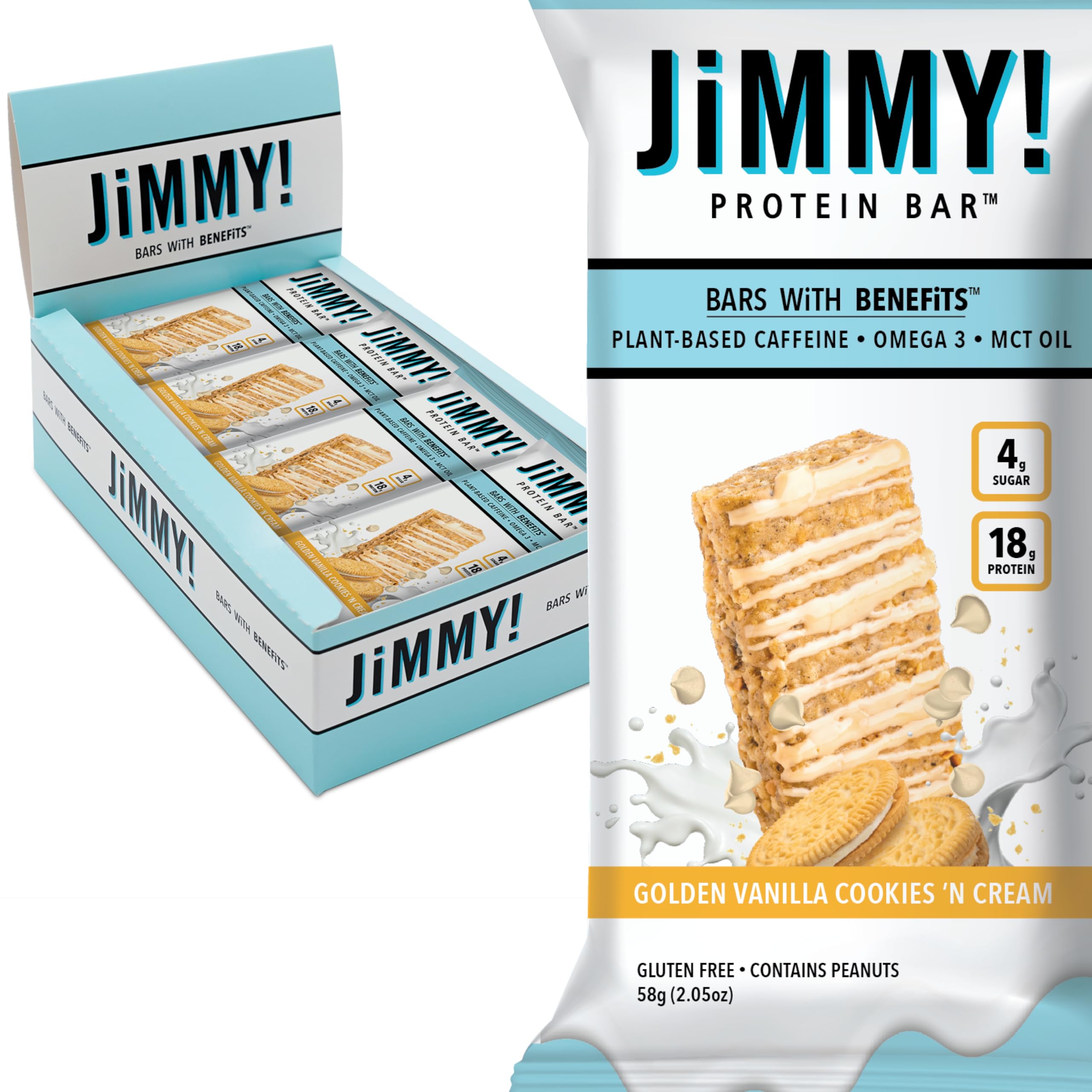 JIMMYBAR frontal del empaque mostrando 12 barras y beneficios nutricionales