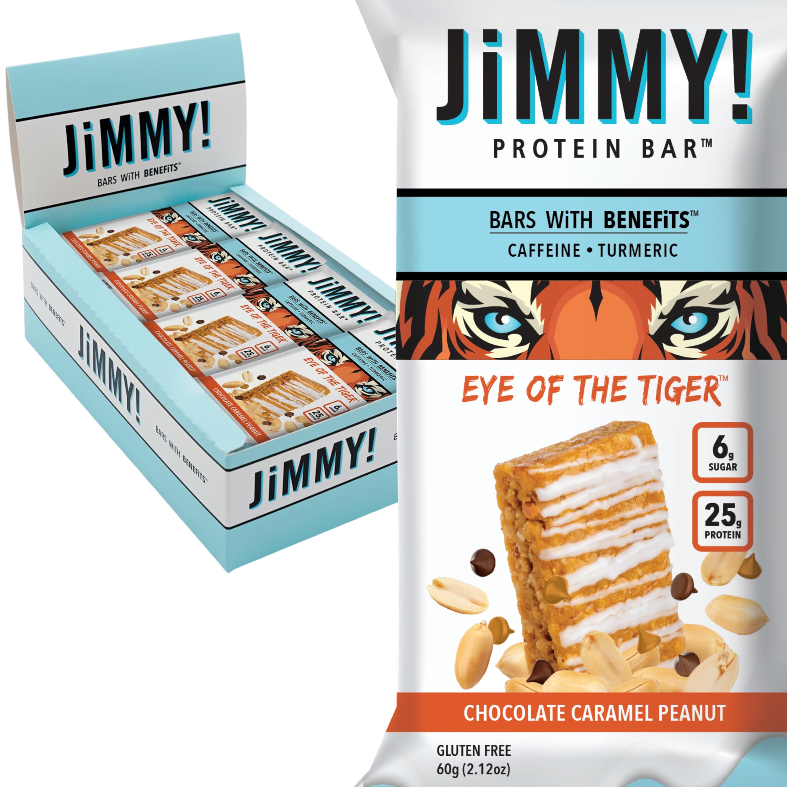 JIMMYBAR empaque frontal que muestra 25g proteína y bajo azúcar